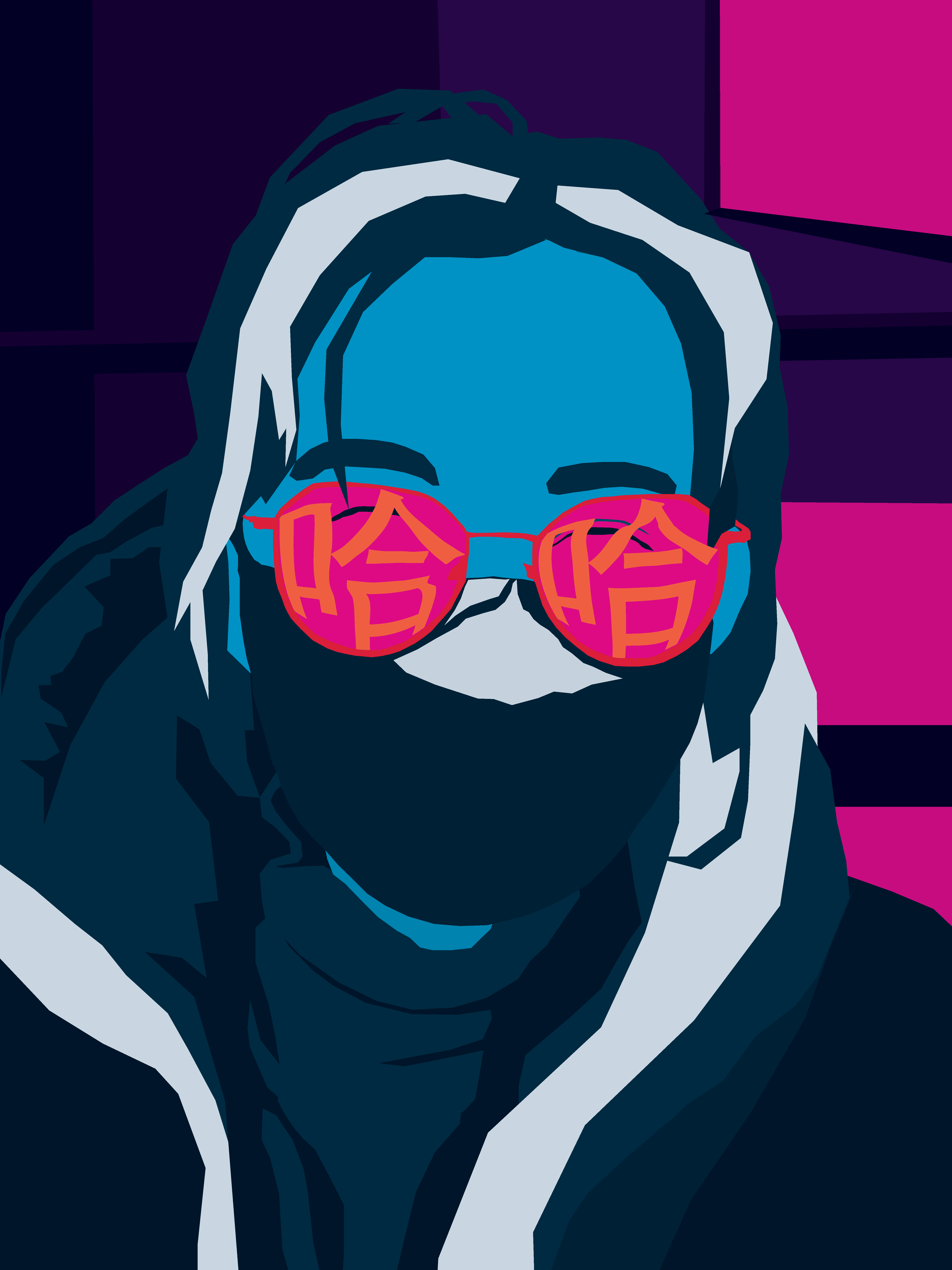 Self portrait in a analogous color palette of blues, pinks, and purples. Clara is wearing a mask and glasses which has the chinese characters for Ha Ha in the lenses.