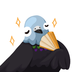 A small line-less drawing of a happy pigeon holding a fan to its face while surrounded by sparkles