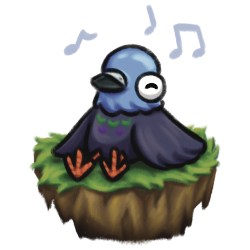 A doodle of a small pigeon humming while sitting on a floating island.