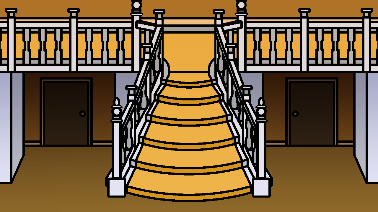 The Swanson Manor's Stairwell has a yellow color palette. There's a large central stairwell in the middle of the screen with yellow carpeting and white railings.