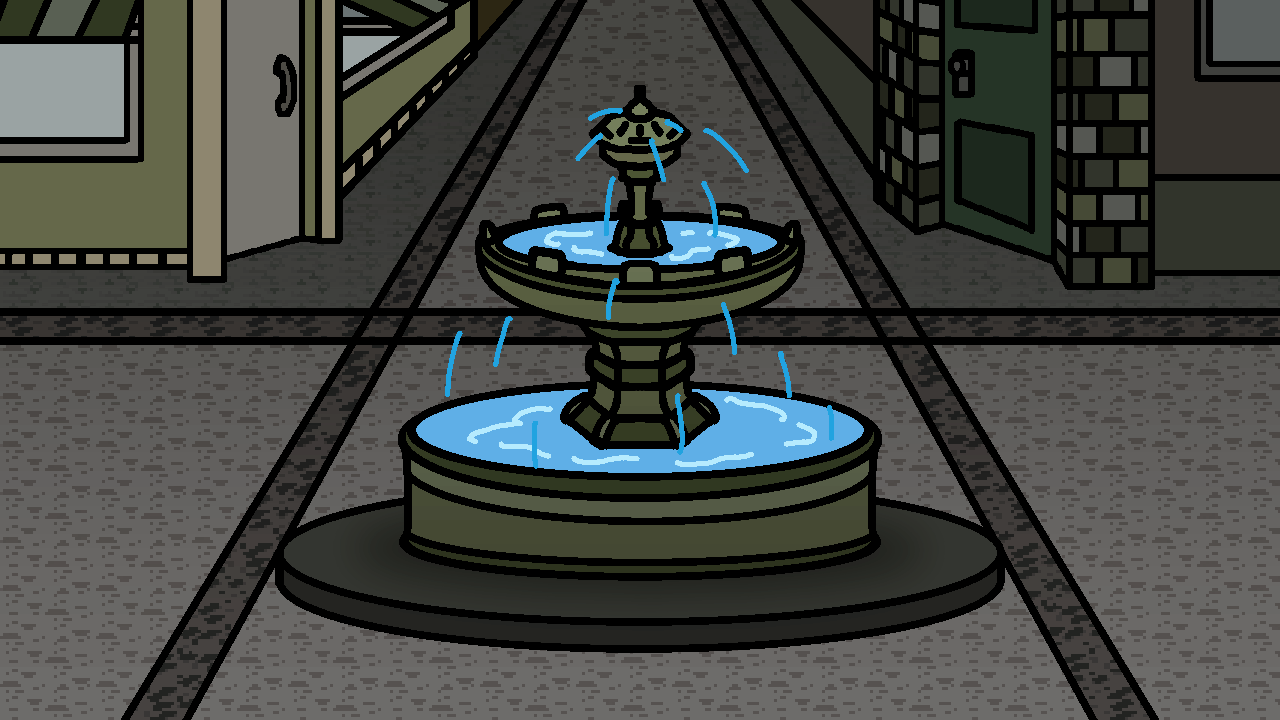 The town square has a green tint to it. The screen is focused on the central fountain which is animated with flowing water.