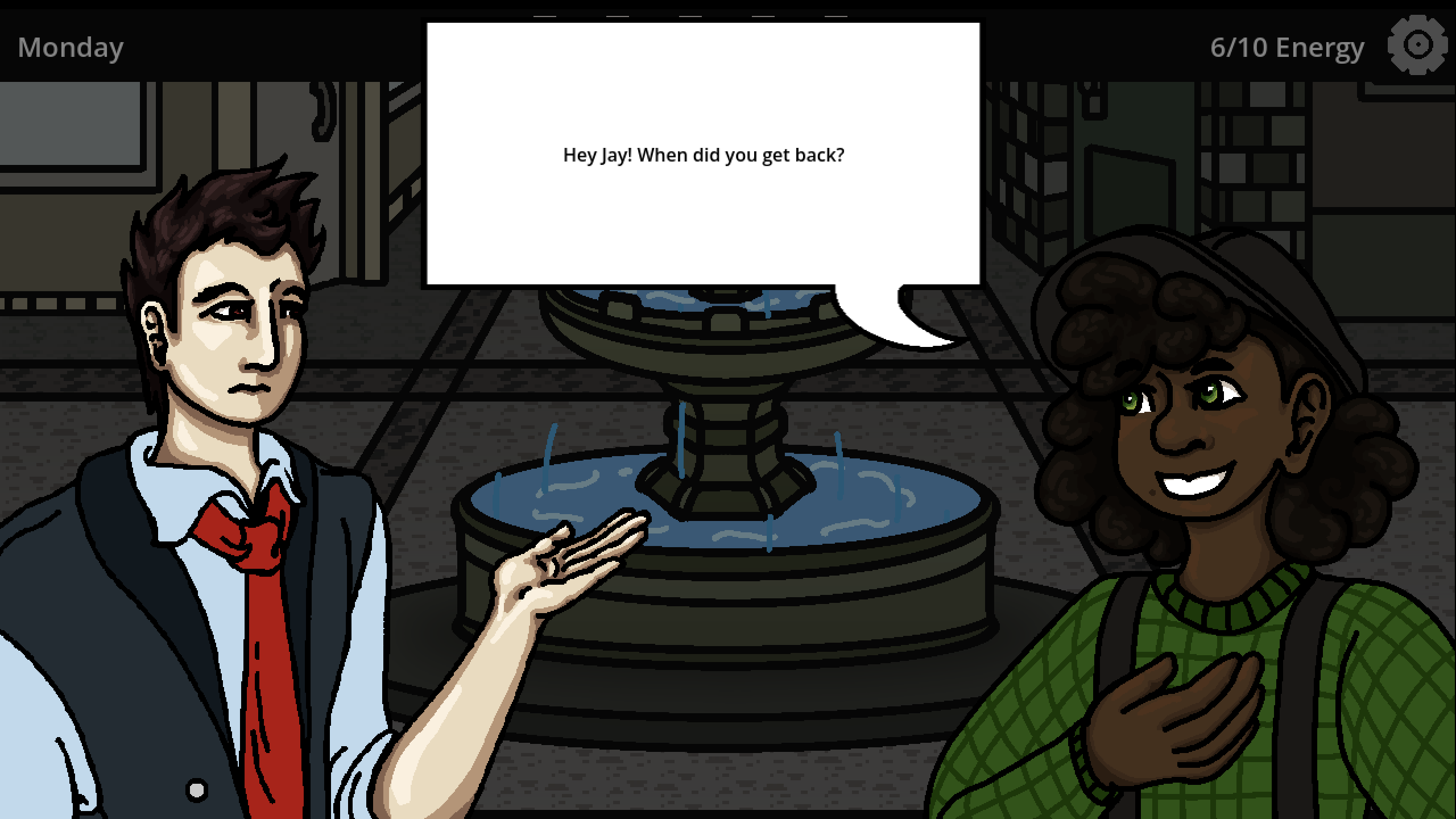 In game screenshot of Jay talking with Pidge. On the left hand side there's a portait of Jay looking towards Pidge on the right hand side who says: Hey Jay! When did you get back?
