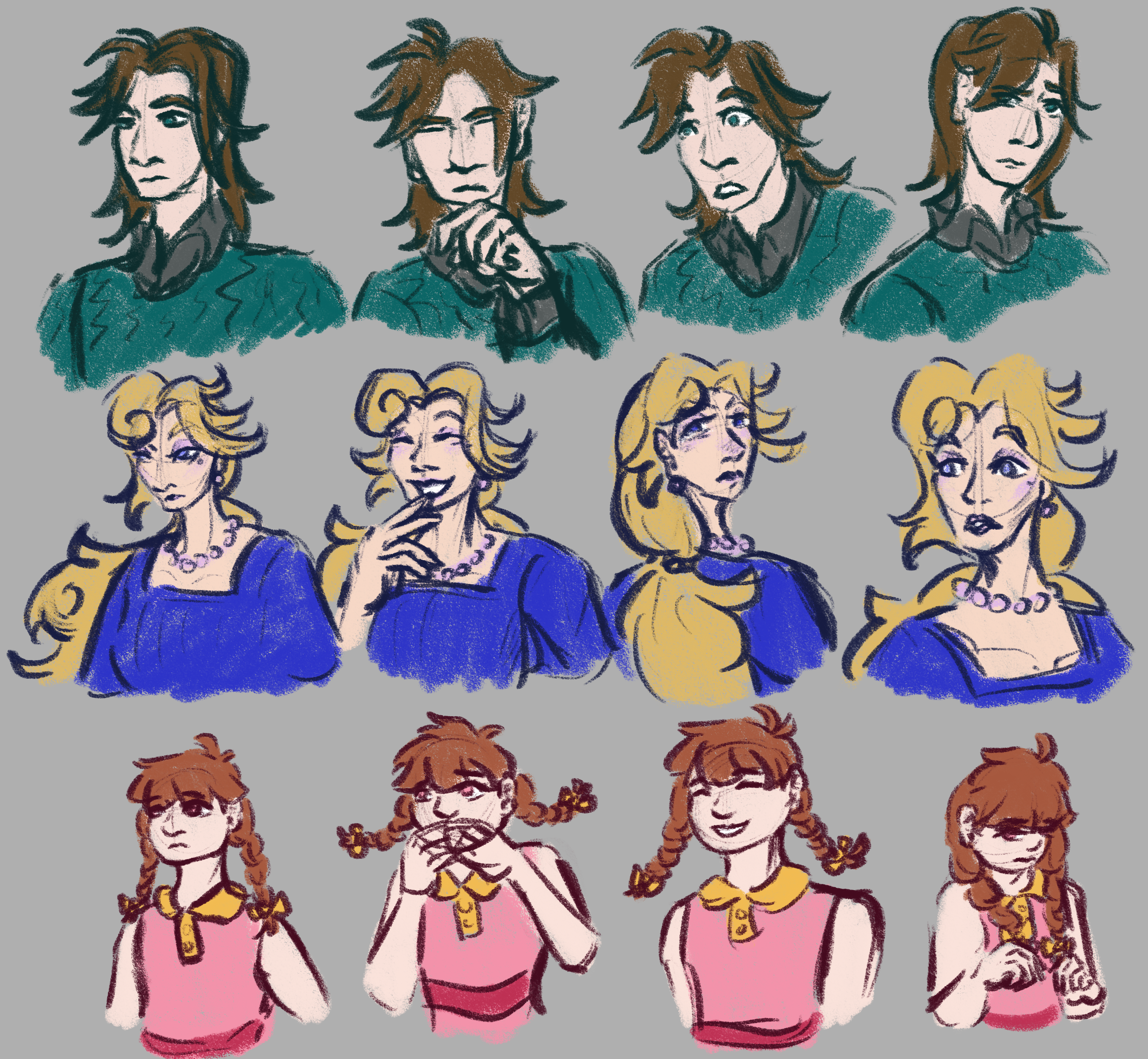 Exploration doodles of different expressions on Corbyn, Brook, and Piper. Each character is sketched in their color-coded color with flat coloring