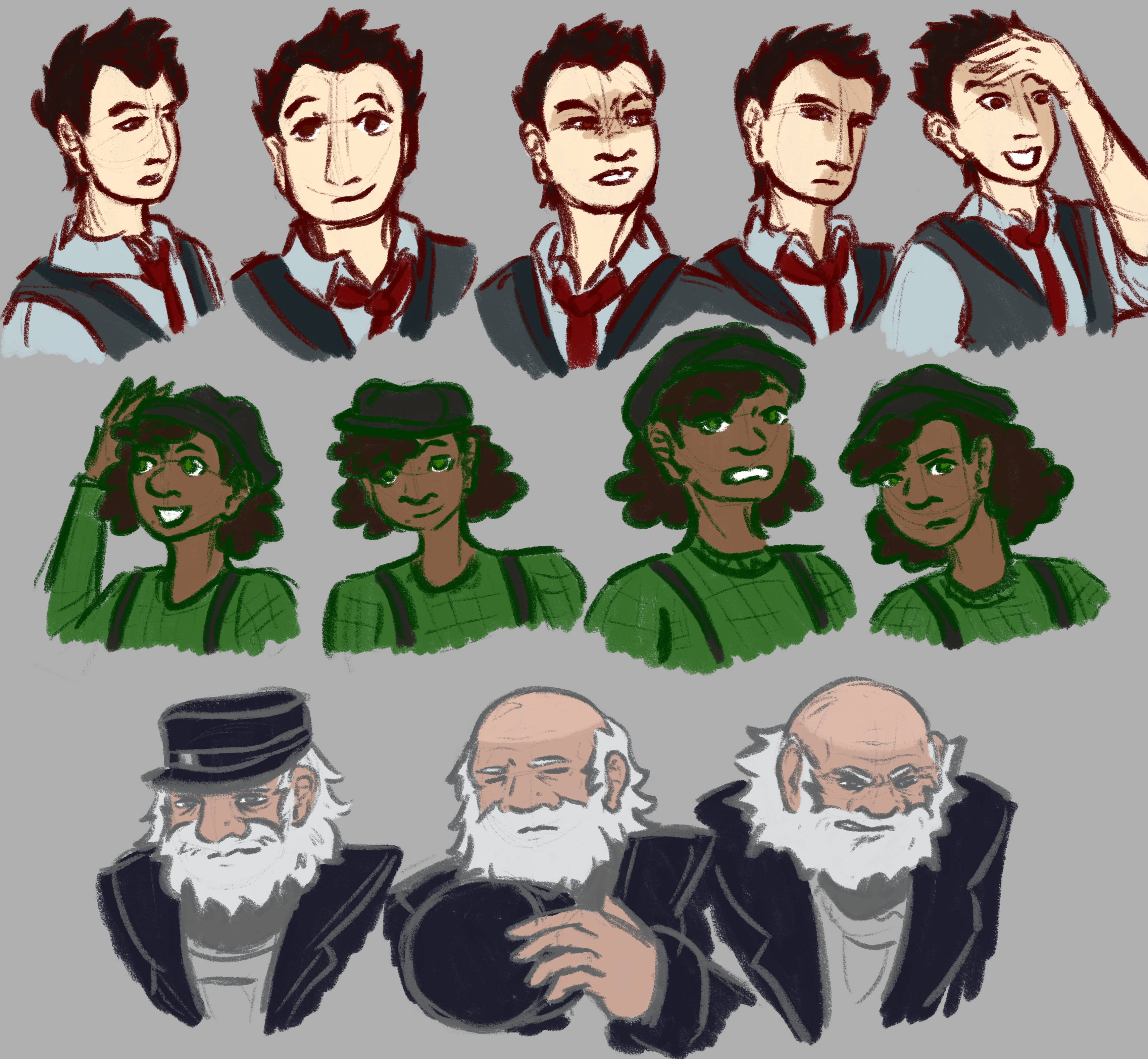 Exploration doodles of different expressions on Jay, Pidge, and Gulliver. Each character is sketched in their color-coded color with flat coloring.