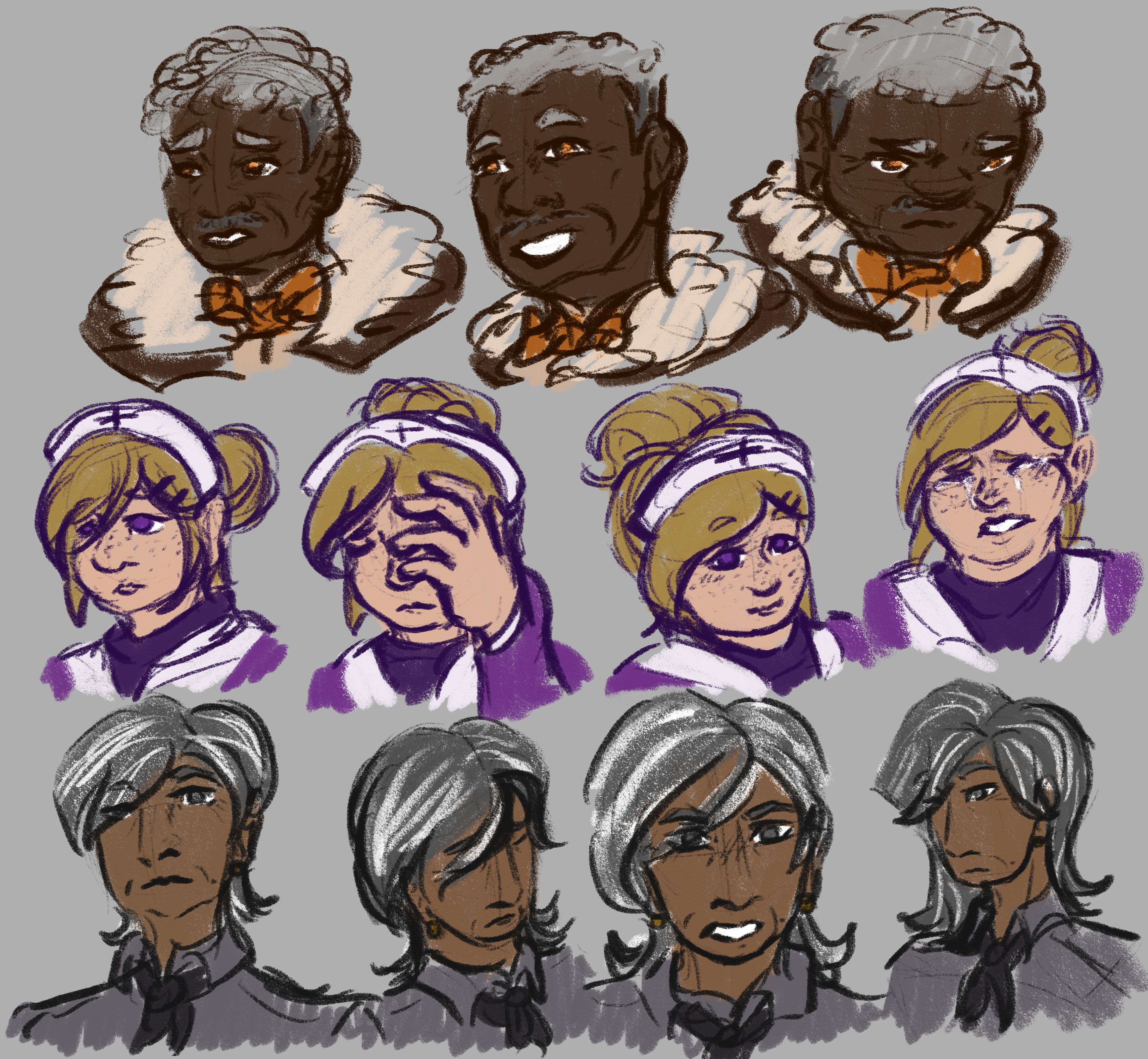 Exploration doodles of different expressions on Jackson, Robin, and Margaret. Each character is sketched in their color-coded color with flat coloring.