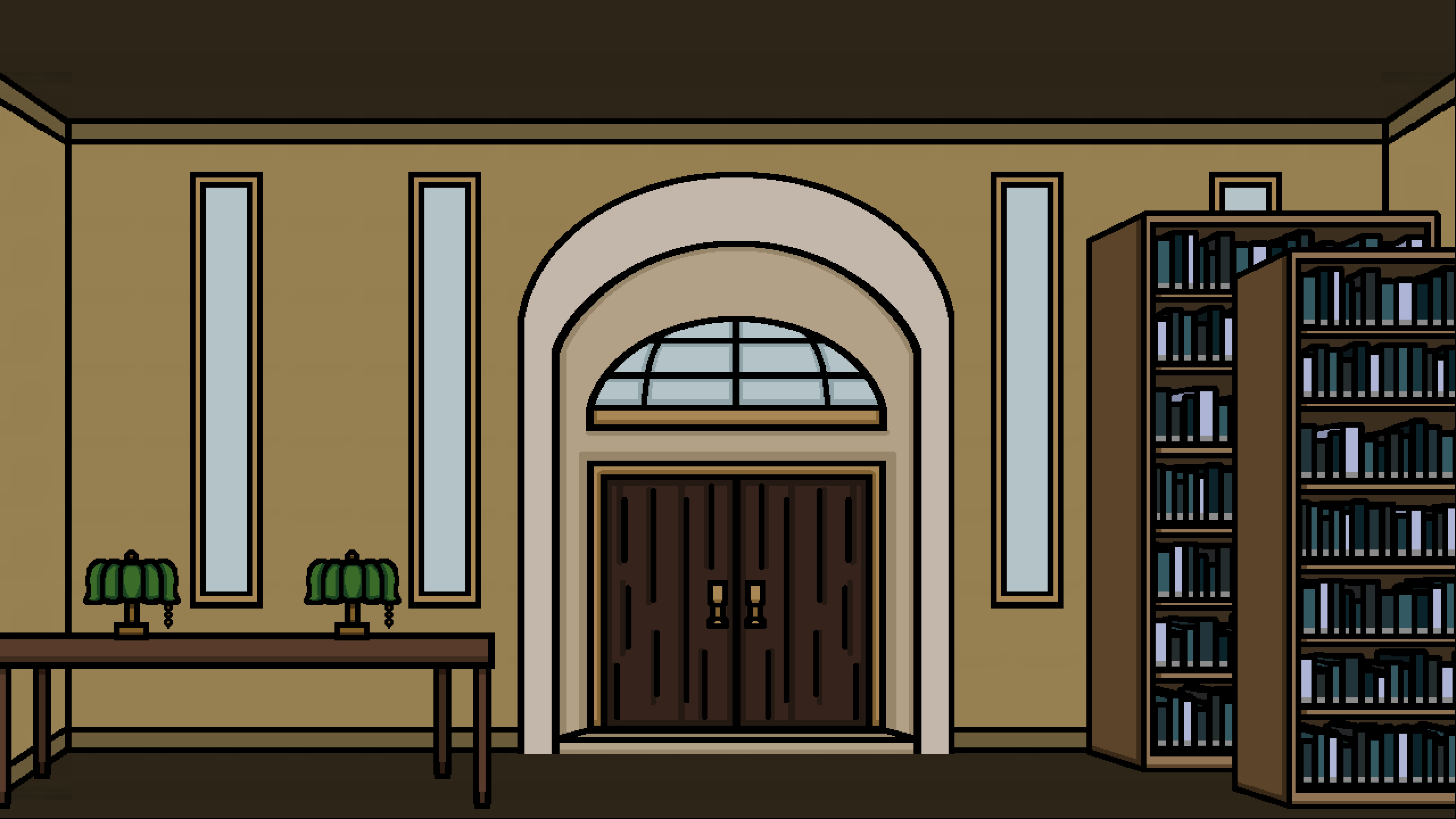 The interior of the town's local library has a yellow tint to its entirety. There's a table with lamps on it to the left side and bookshelves on the right. The door back outside is in the middle of the screen.