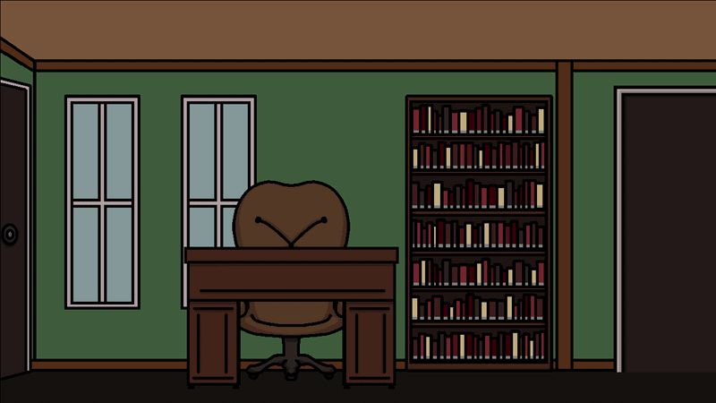 Jay's Home Office has green walls with a light brown celling and a dark brown floor. In the middle of the room is a desk and chair. The far left has a door leading outside while the far right side of the screen has a door leading into Jay's bedroom.