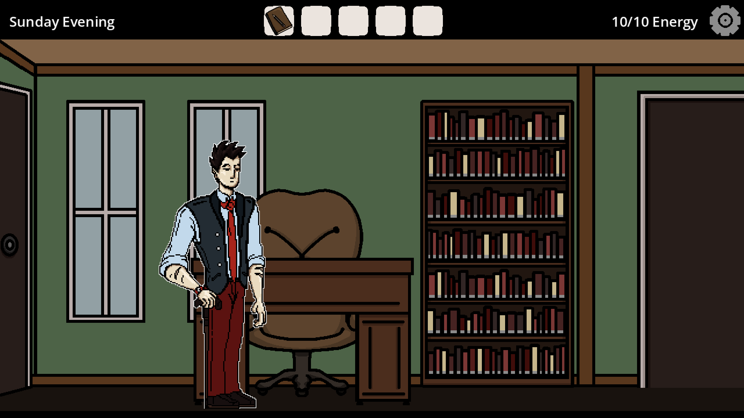 In game screenshot of the start of the game. Jay (the player character) stands in his home office, the game's ui reads Sunday evening and 10/10 energy. There's a notebook in the player's inventory.