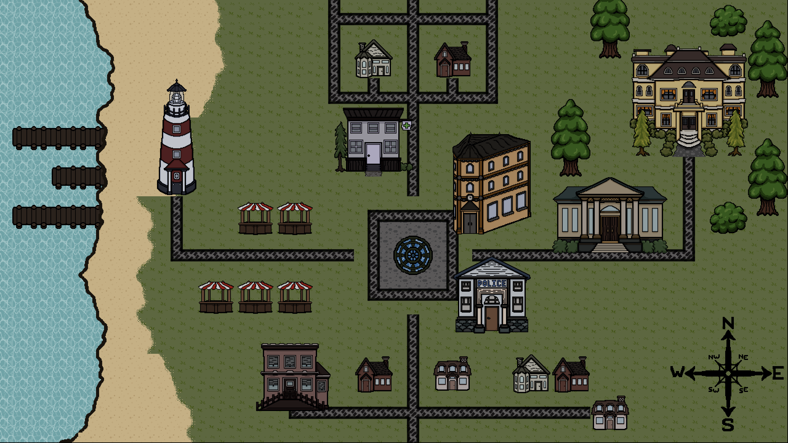 In game screenshot of the town map for Sea Song Piers. The ocean and beach is towards the left of the map while the rest of the terrain is grass. There's roads extending outwards from a town square to connect to different buildings scattered around town.