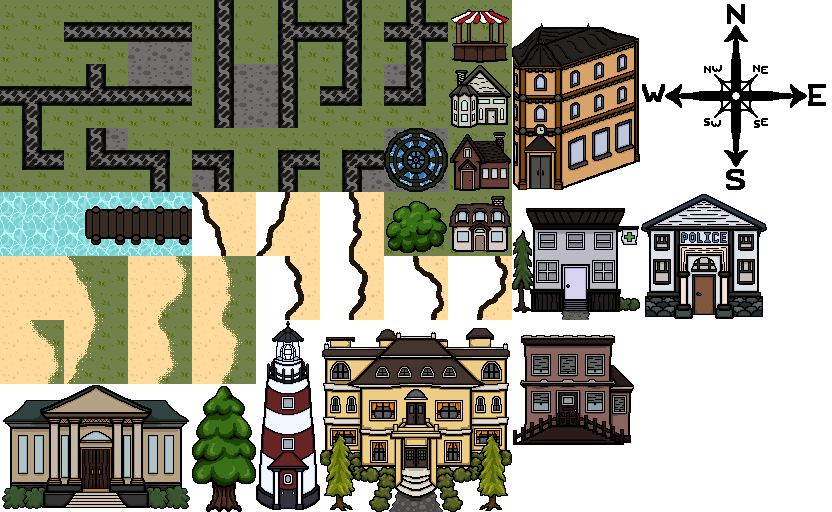 A tilesheet used for the town map which includes the tiles used for the terrain as well as the buildings.