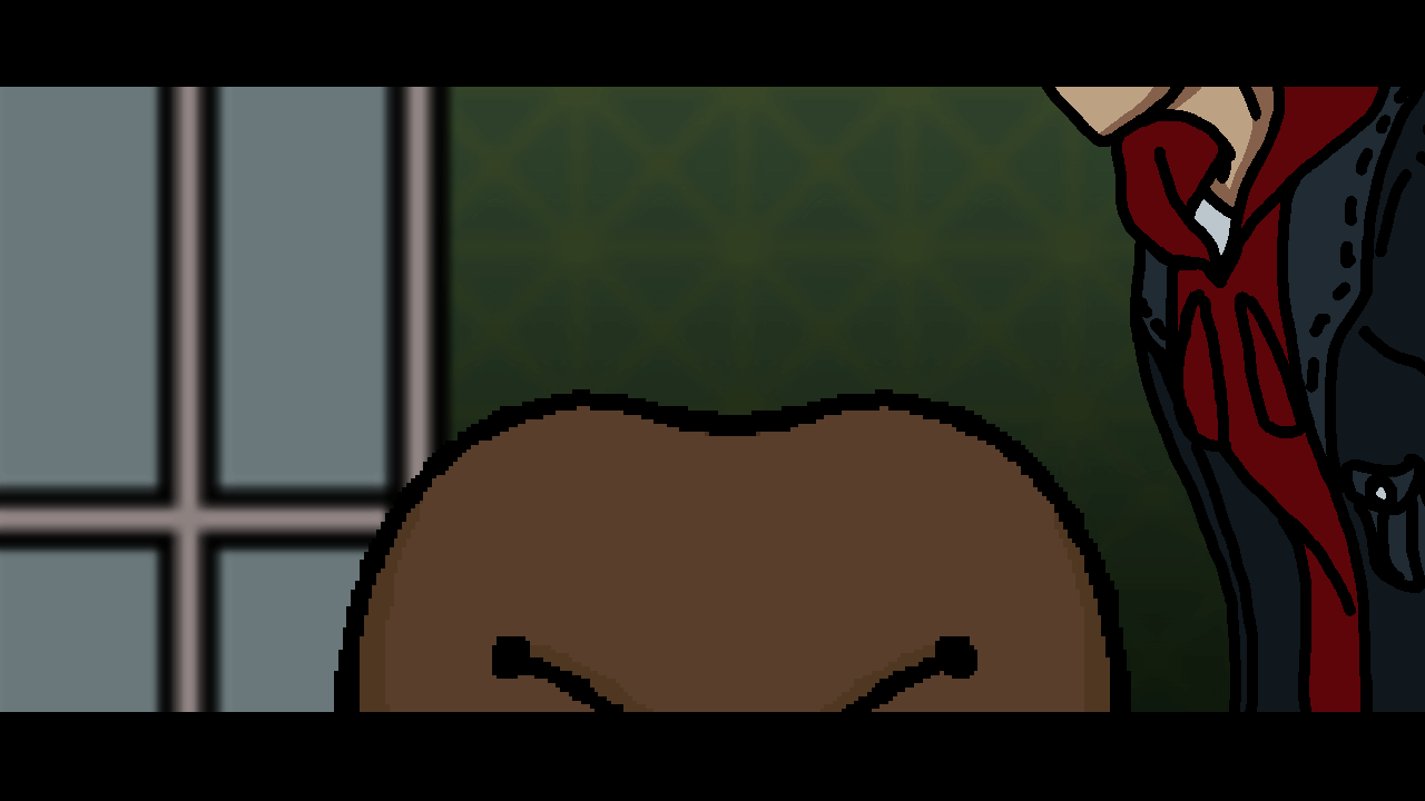 Animated Cutscene from Jay & Crow (2026) Animated cutscene of the player character Jay sitting down at his desk. After sitting down, he pulls his jacket's hood back which reveals his face.