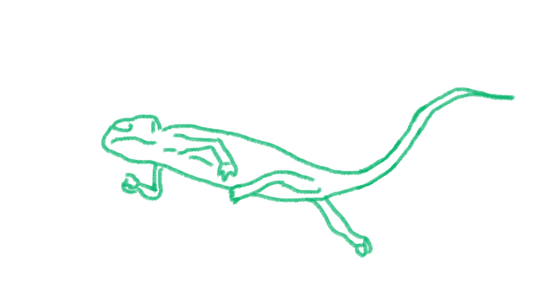 Rotoscope of a chameleon outline climbing from the underside.