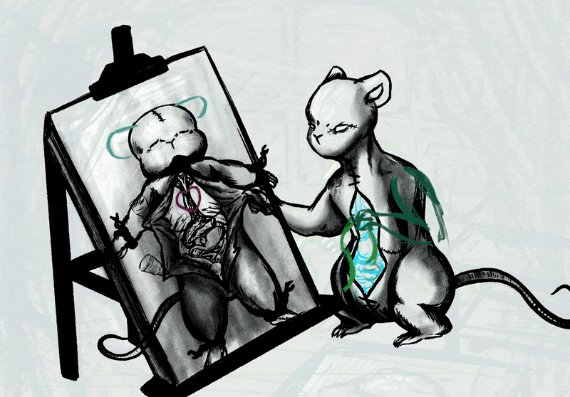 The animated parts of the final gif are sketched in different colors for each part while the rest of the scene has gotten black line art