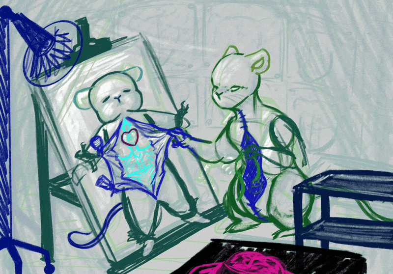 A cleaned up sketch with elements seperated into different colors which tests out the animation for the final illustrated gif.
