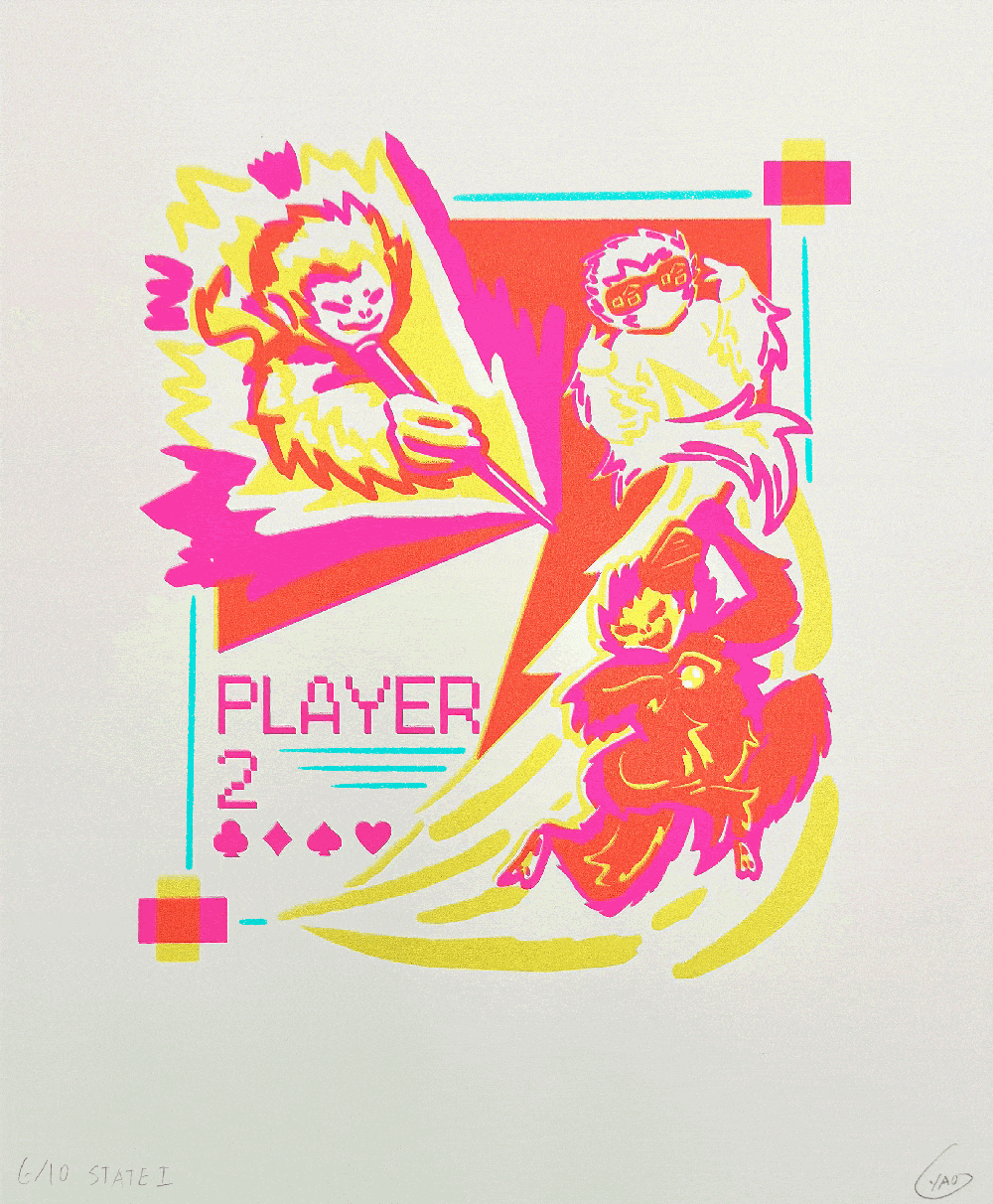 Ready Player 2 Animated (2025) An animated layer of cyan as a third layer ontop of Ready Player 2, a two color screenprint. The cyan swirls out from the center before reversing back into the center
