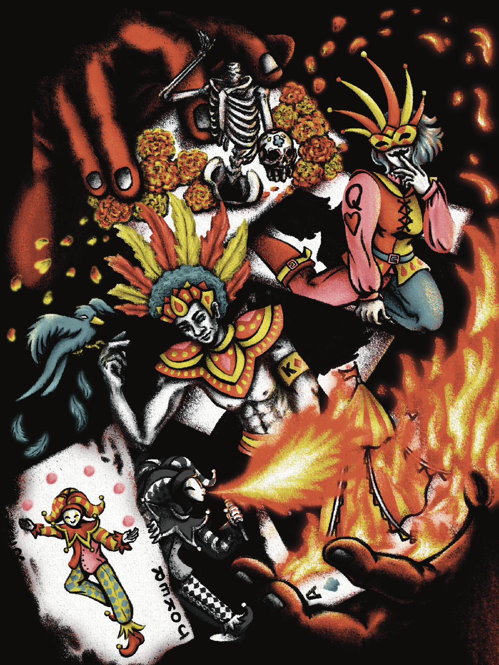 Wild Cards (2025) A pair of shadowed hands showing off a deck of card's face cards with the card illustrations popping off of the cards. Each card represents different interpretations of carnival.