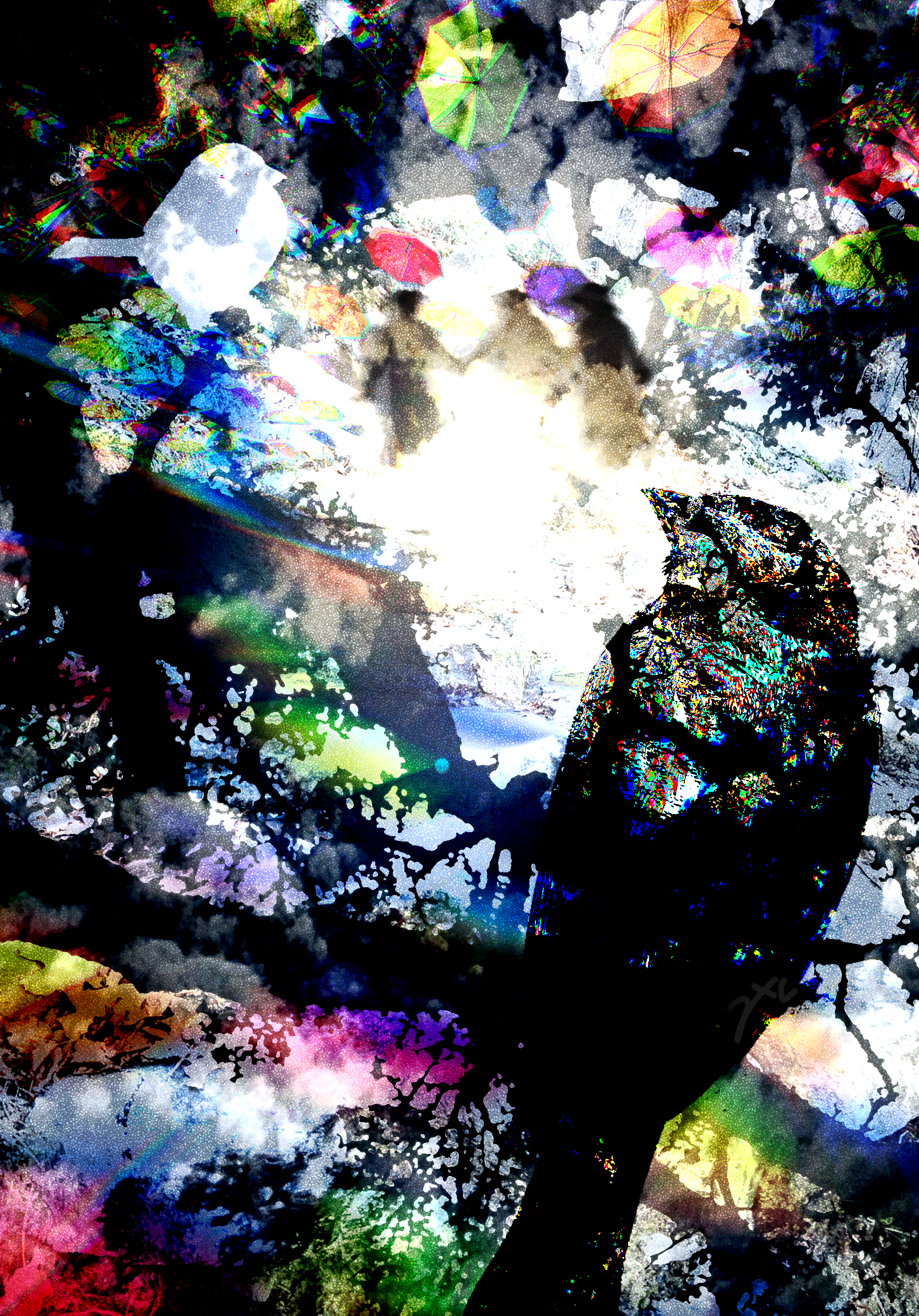 Hopes and Dreams (2026) Colorful digitally collaged photos of birds, arching branches, and the silhouettes of three figures with bright lighting. originating from the center