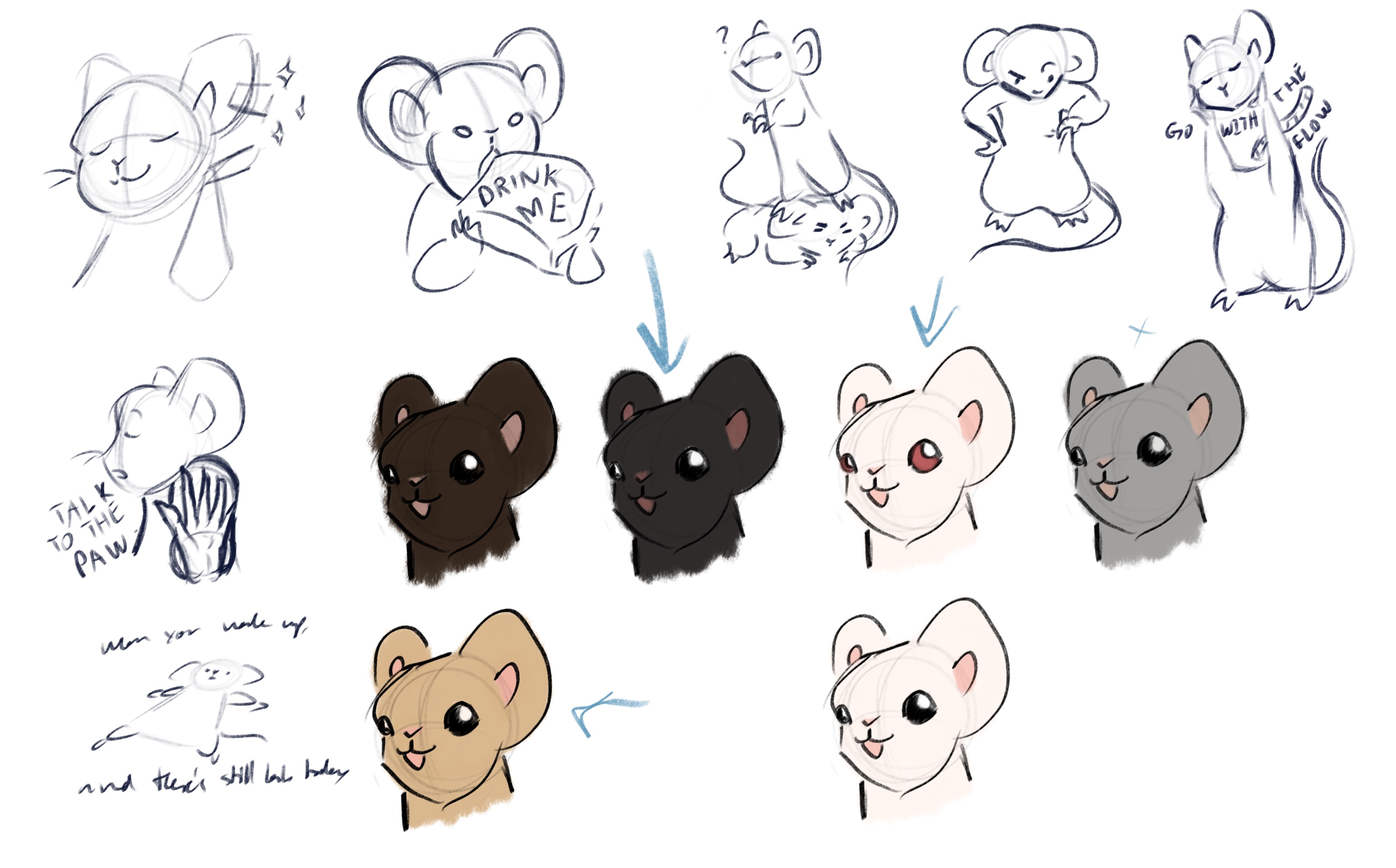 A handful more lab mice doodles such as ones with the text drink me, go with the flow, talk to the paw, or when you wake up and there's still lab today. Otherwise there's some duplicate portraits of a mouse face colored in different palettes with three of the palettes being selected to use in coloring the stickers. There's a dark brown mouse color palette, a tan mouse color palette, and an albino mouse color palette.