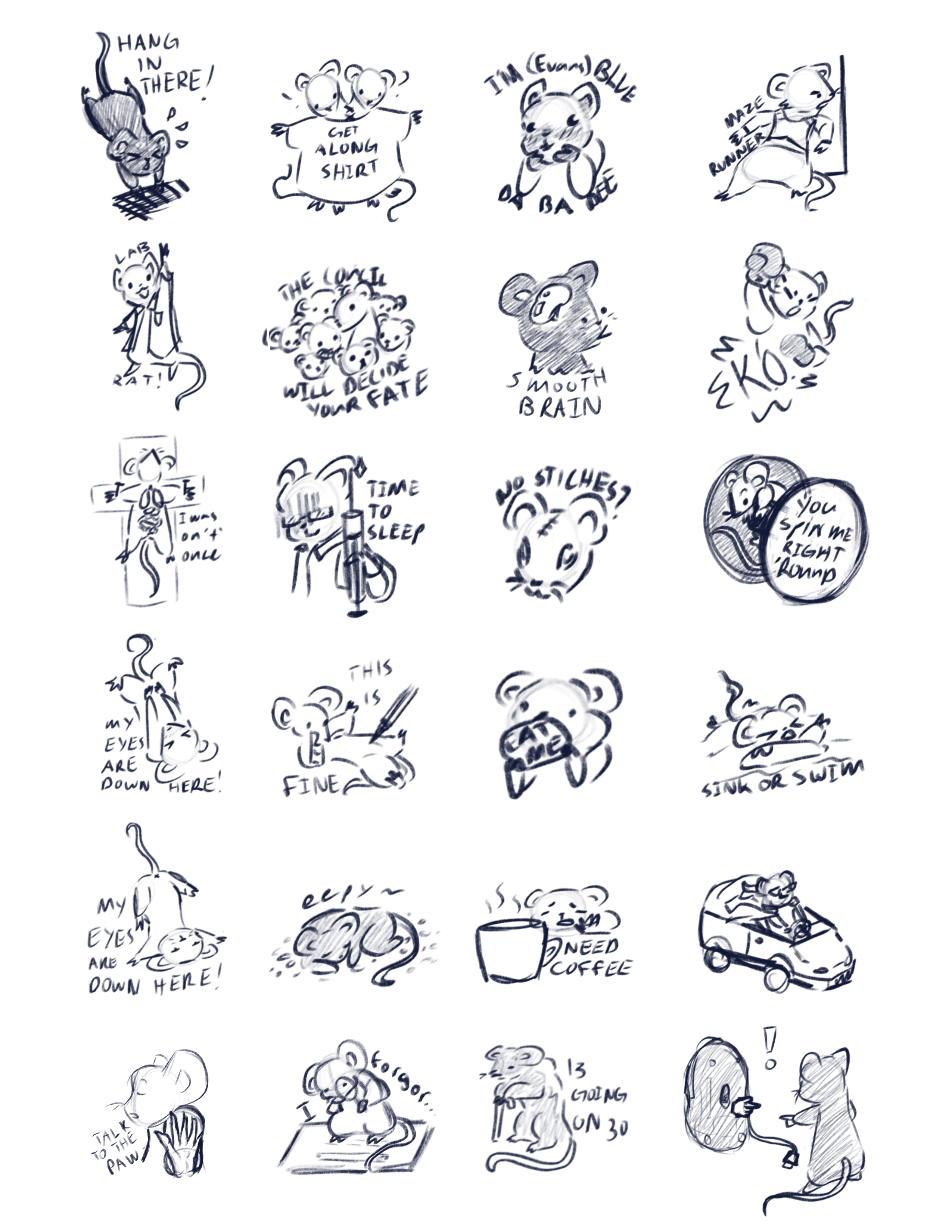 Reorganized and resized version of the lab mice doodles into a 4 by 6 grid to be the sketch for Lab Mice Stickers (2024)