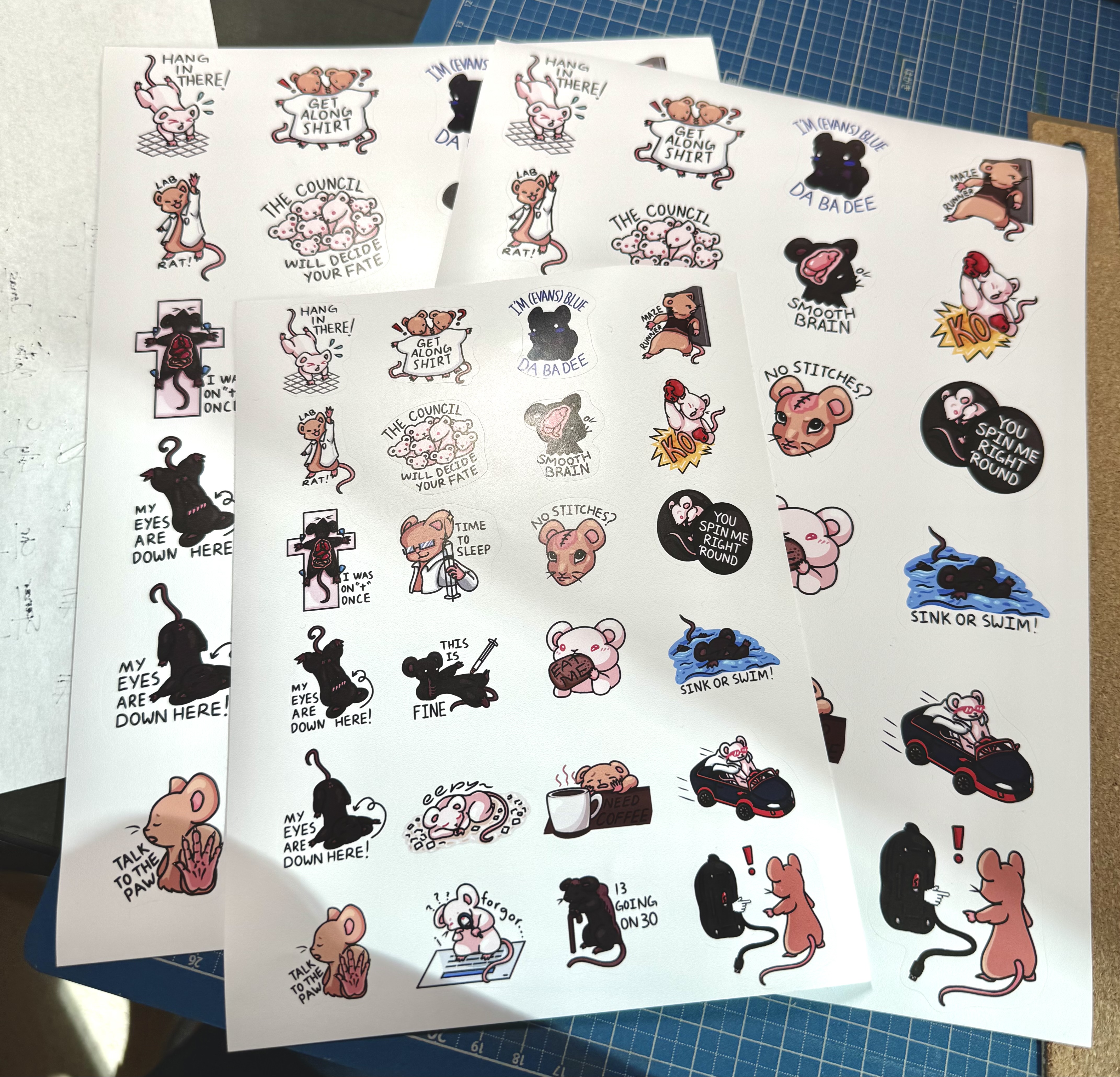 An image of these lab mice stickers physically printed out in both a small and large sheet size.