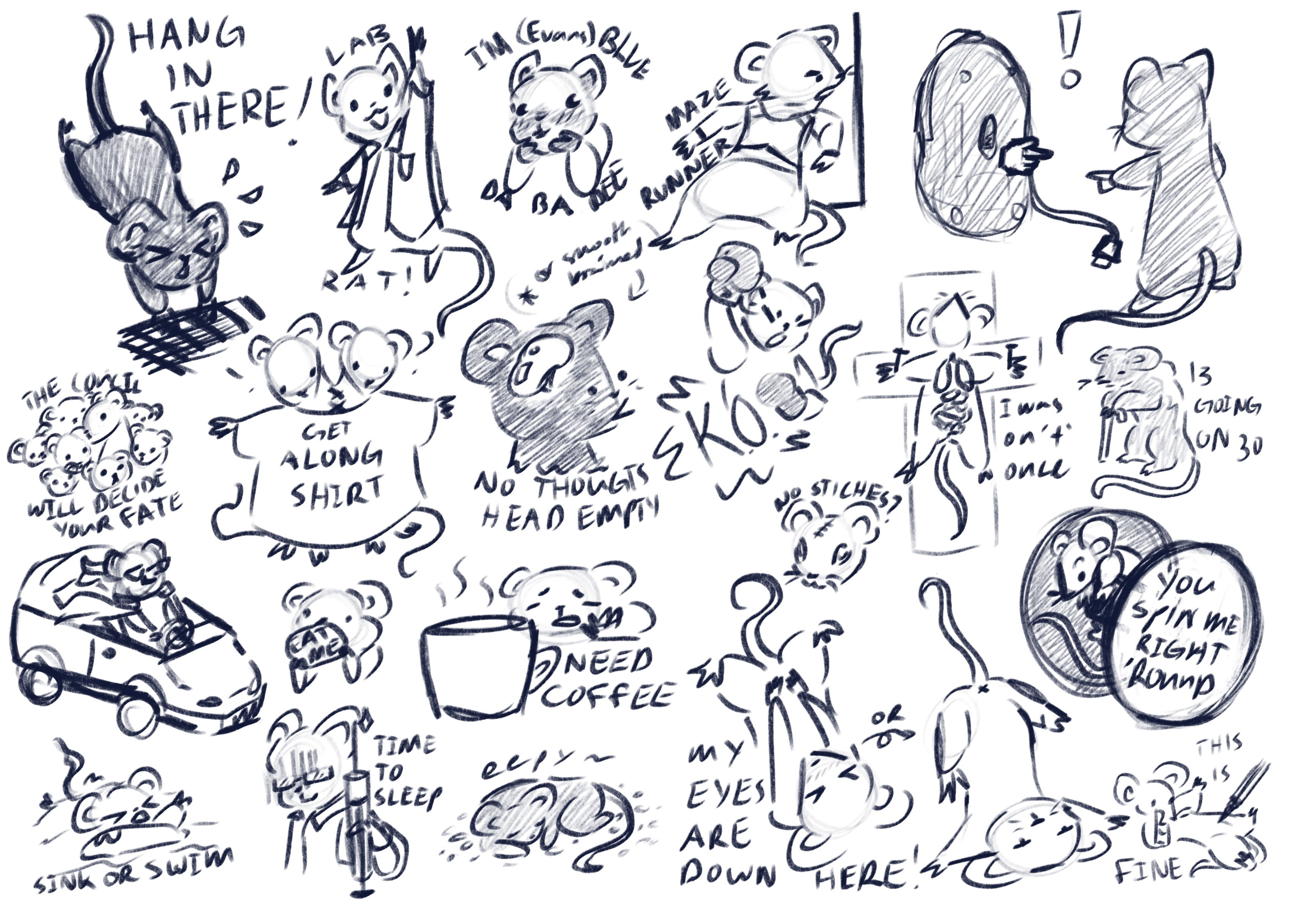 The original doodle sheet for coming up with lab mice stickers. It is cluttered with each doodle being varied in size and detail. All of these became part of the final stickers.