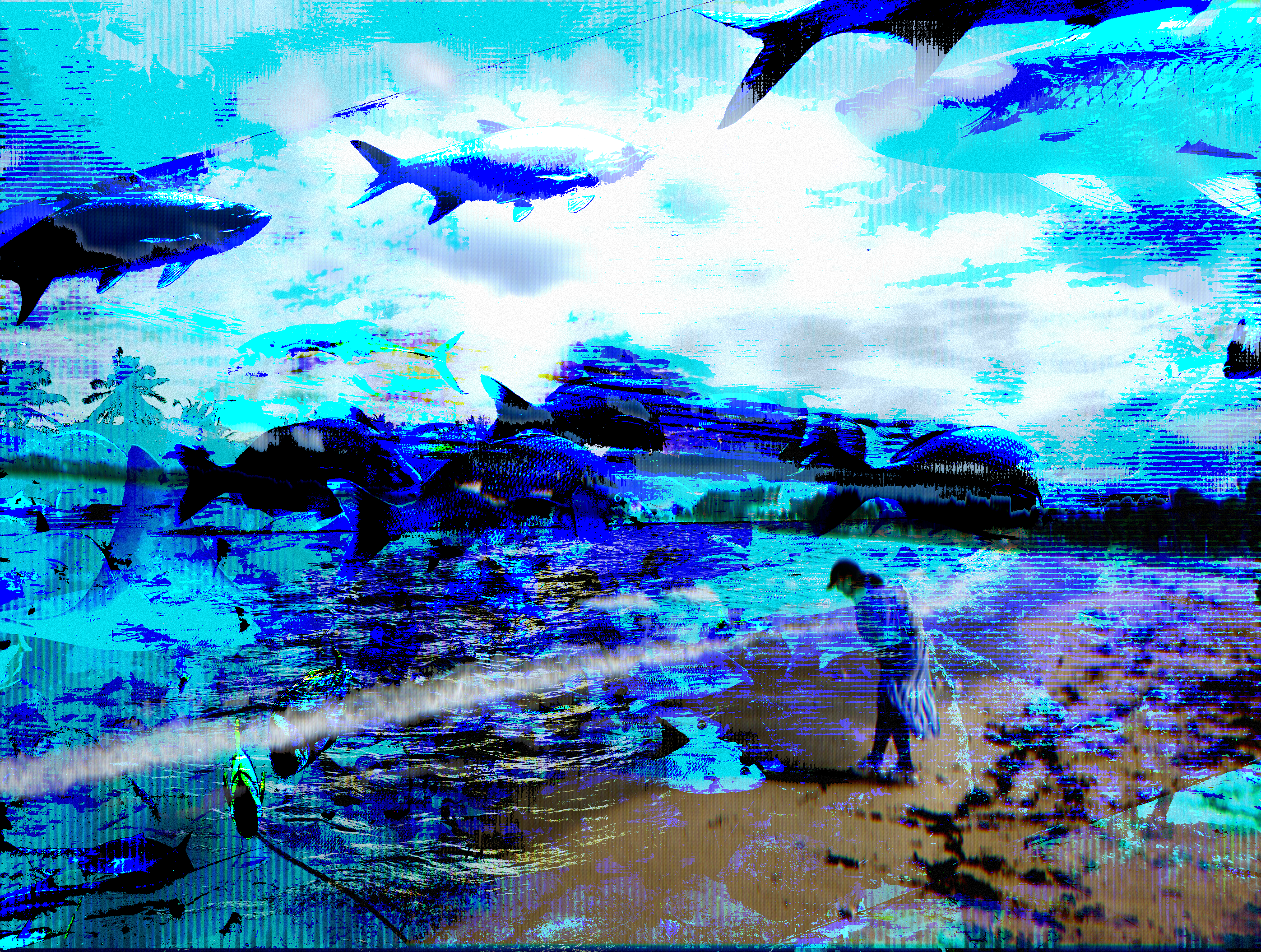 Oceanside (2024) Very blue digital collage of a girl looking at the ocean water while fish swim thorugh the sky and a cruise ship looms in the background.