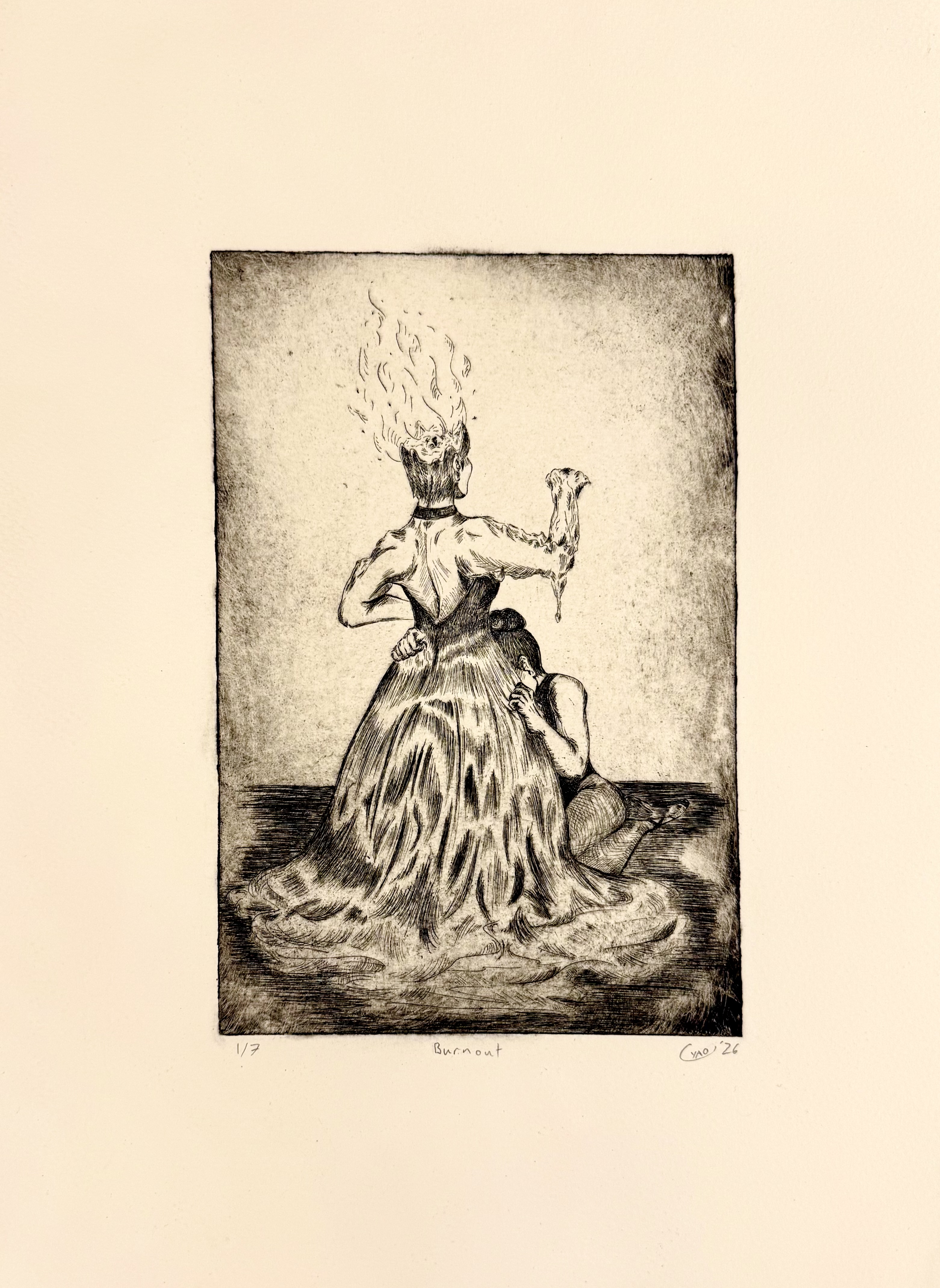 Burnout (2026) A posed wax figure in a full ballgown melts from the lit candle wick atop of her head while a trainee ballerina on her knees with her face tucked into the figure's skirt clutches the figure in empathy.
