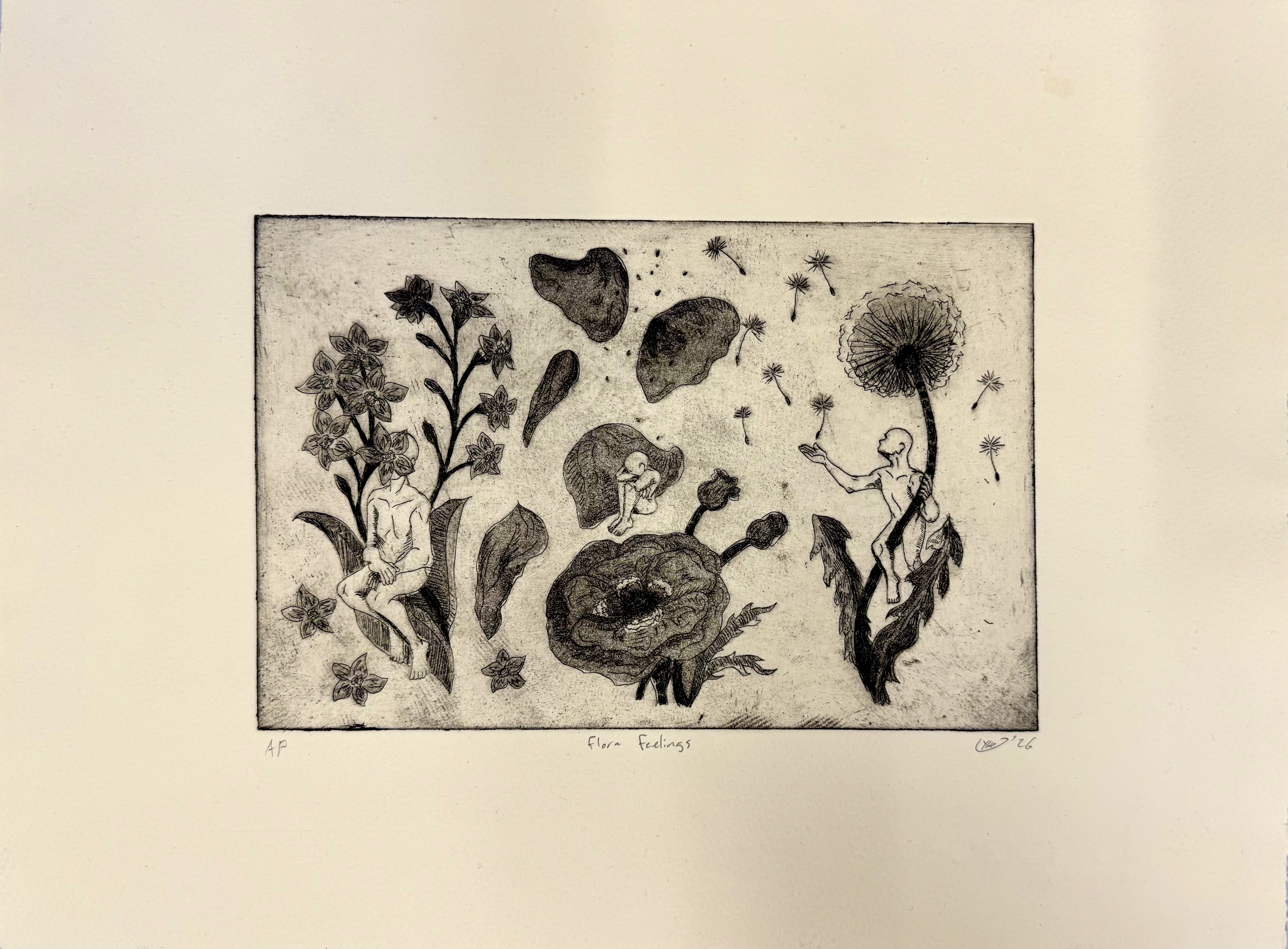 Flora Feelings (2026) On the left is a human figure sitting on the leaves of a forget-me-not flower stem with its face covered by one of the flowers. In the middle is a poppy flower with a floating sitting human figure above it, who is hugging its knees against its chest and tucking its face in while poppy petals and seeds float downwards around the figure. On the right is a human figure climbed ontop of a dandelion stalk with a hand outstretched towards the dandelion seeds which float around.