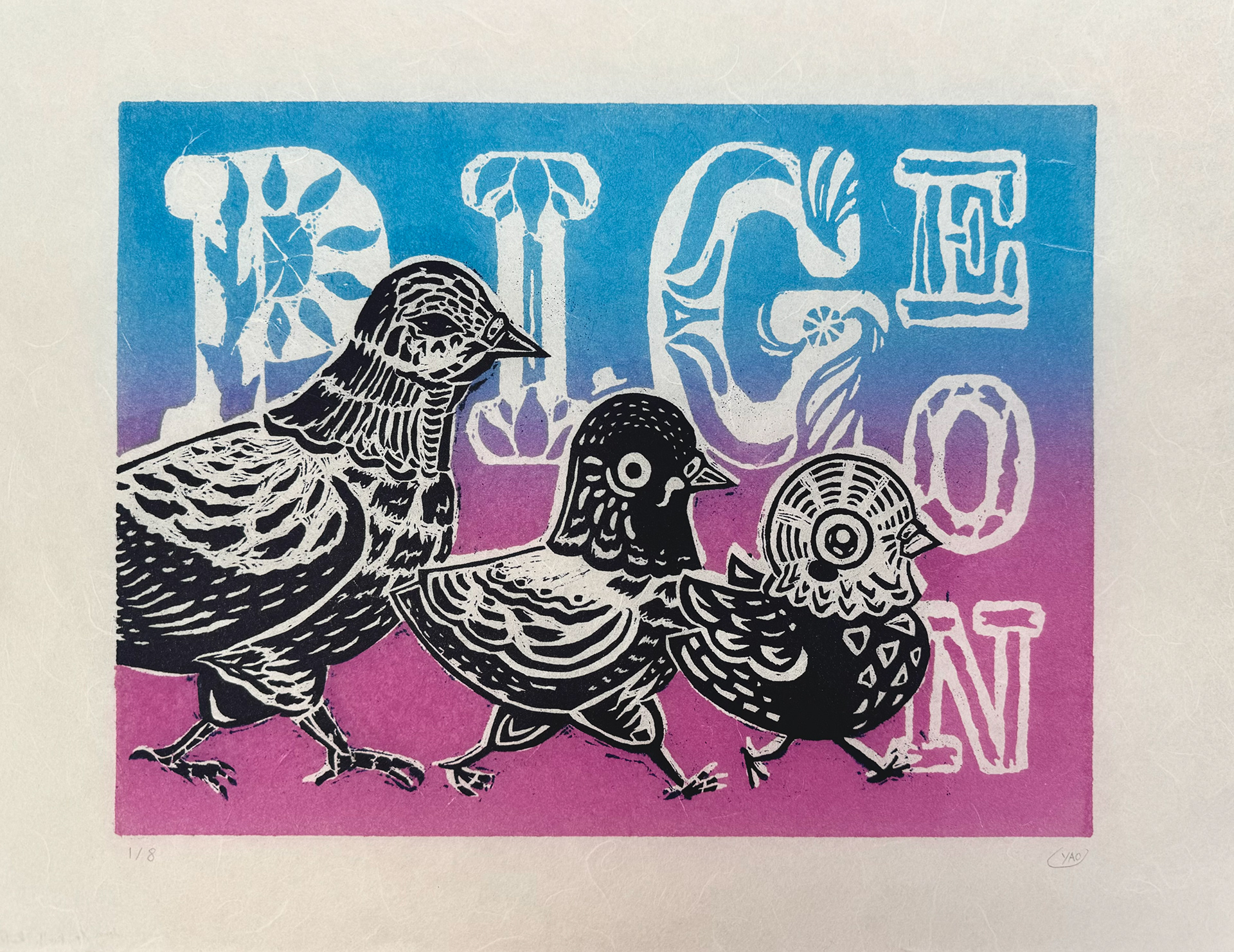 Pig-Eon (2025) In the foreground there's three dark blue pigeons walking from left to right with varying levels of cute stylization while in the background the word Pigeon in all caps can be read from the negative space cutting into the blue to pink gradient of the background plane.