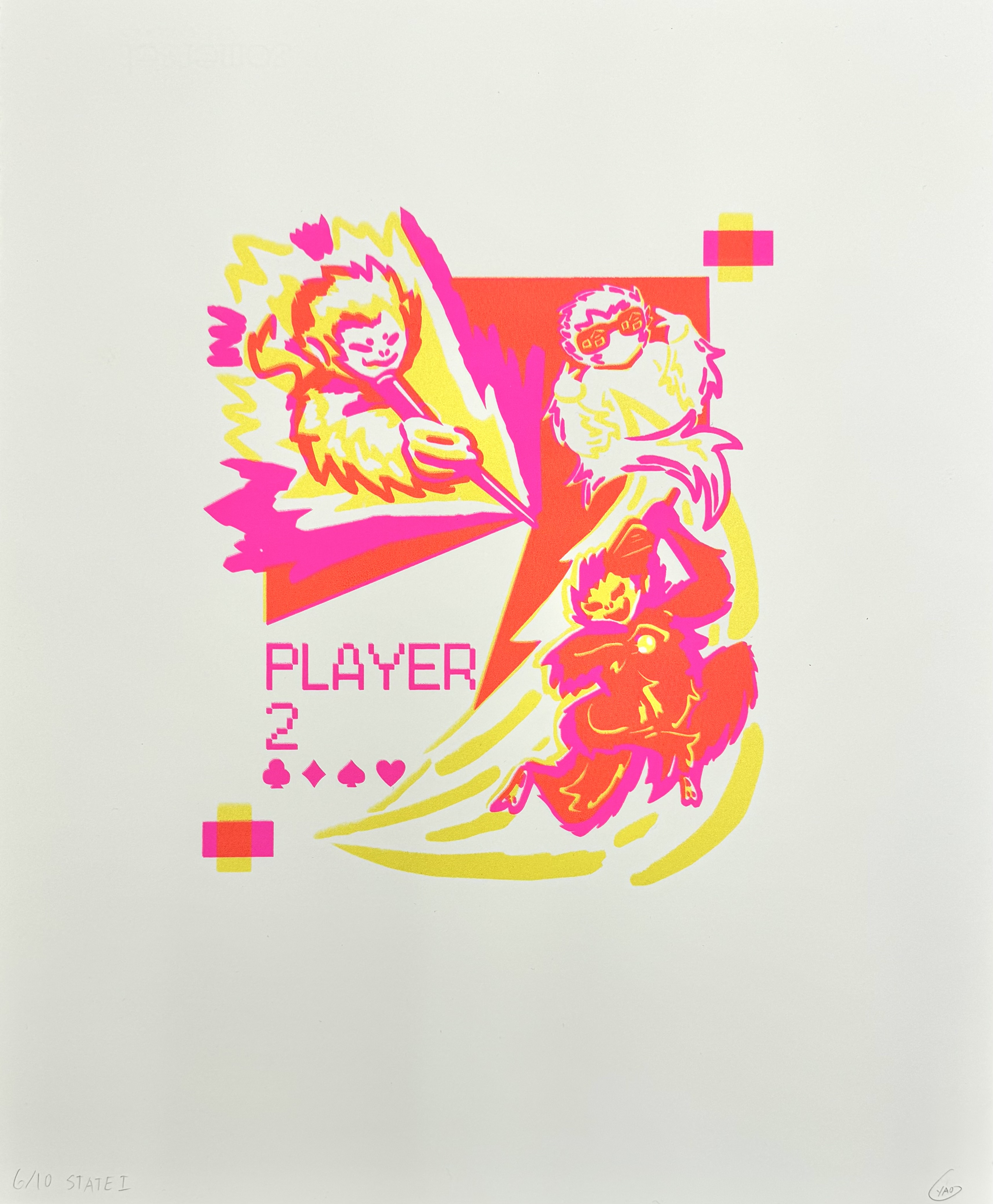 Ready Player 2 (2025) An energetic unconventional self portrait with the artist being depicted as a monkey. On the top left there's a doodle of a monkey holding a pen towards the center of the composition. On the top right there's a monkey with glasses on which has the chinese characters for ha ha in the lenses as a parody of the ha ha self portrait. On the bottom left there's the words Player 2 in a pixel font along with playing card symbols underneth. On the bottom right there's a monkey in a dramatic pose with a pickle ball paddle and ball in hand.