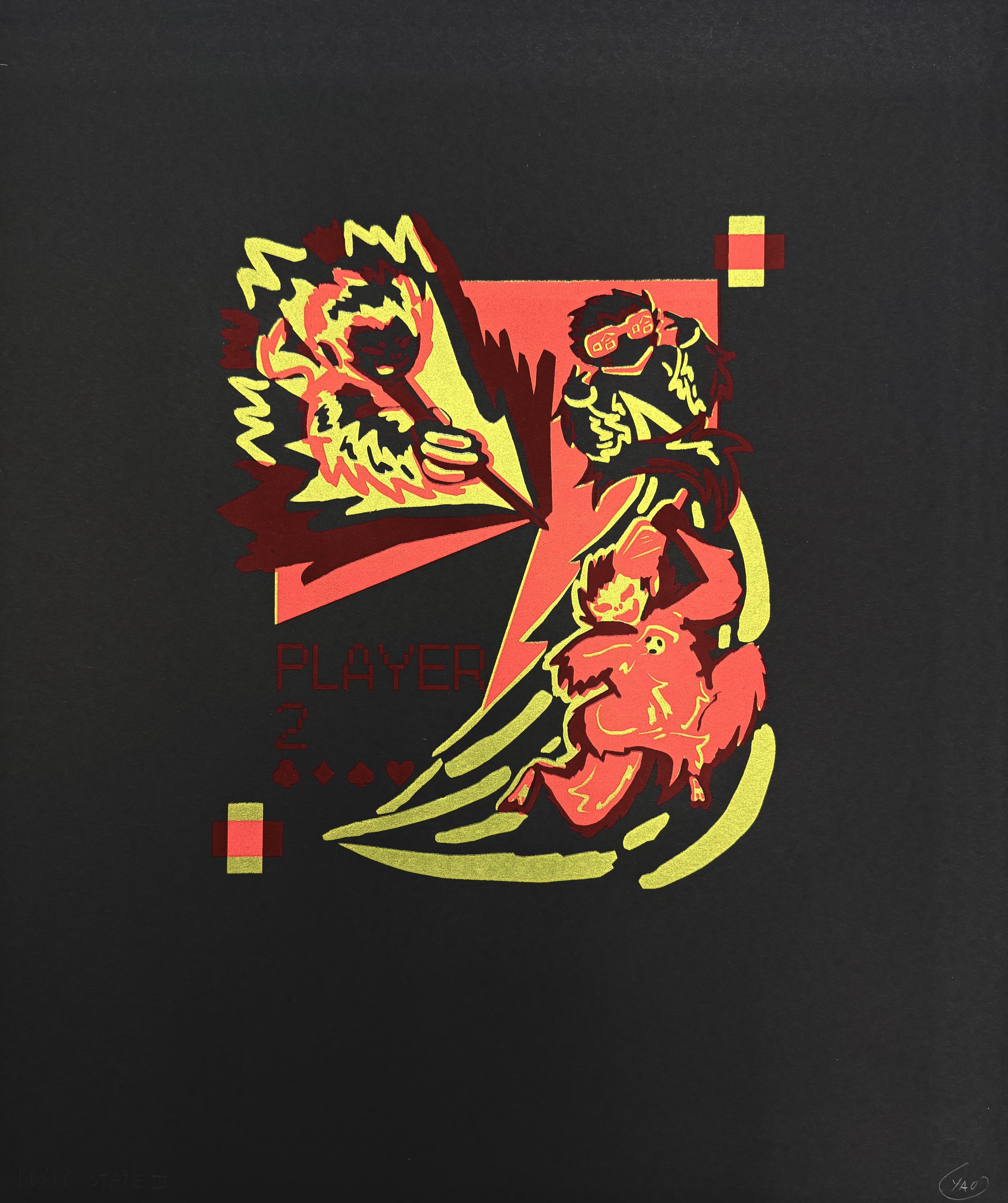 An alternative version of Ready Player 2 where it was printed onto black paper. The yellow layer is opaque while the pink layer has transparency resulting in it looking more red in the parts where it printed directed onto the black paper rather than ontop of the yellow.