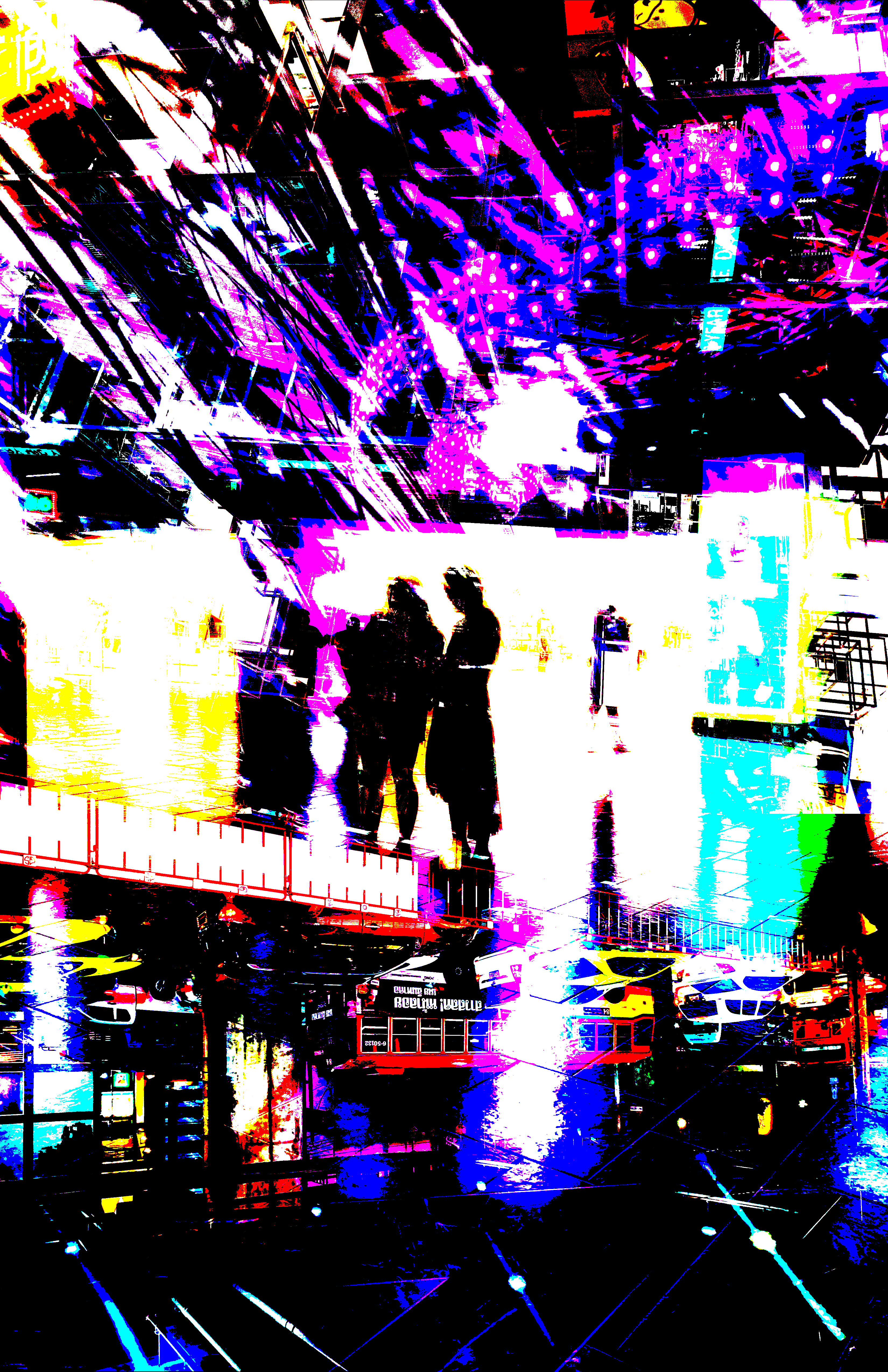 Rock On (2023) Boldly colored digital collage of street lights and stage lights set against a reduced photo of an underground mall. The central focus is of two backlit figures.