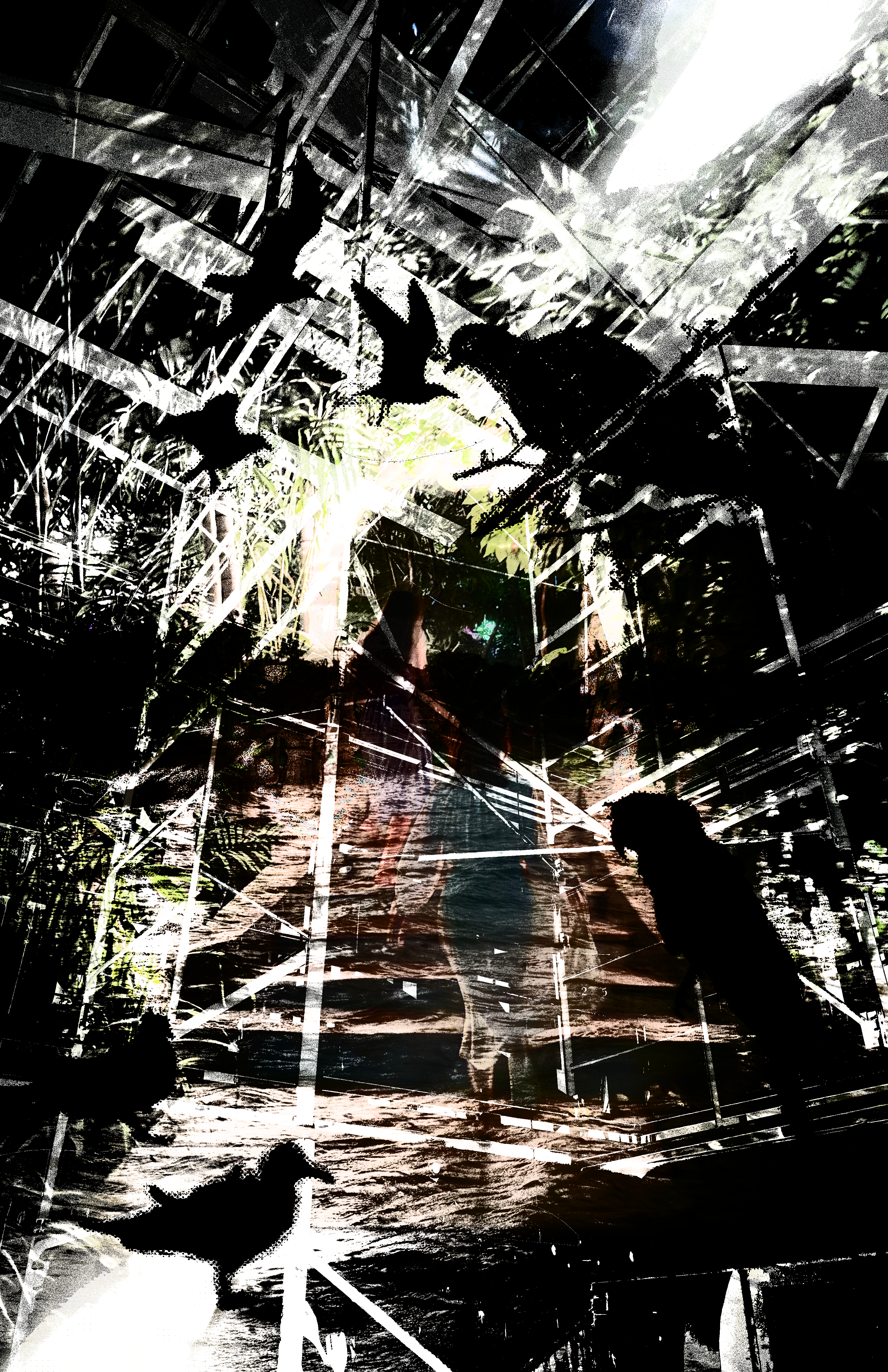 Sweet Summer Dream (2024) A mostly black and white with a hint of color in the middle digital collage featuring many different bird silhouettes around a scaffold structure which frames a central pair of girls running up stairs
