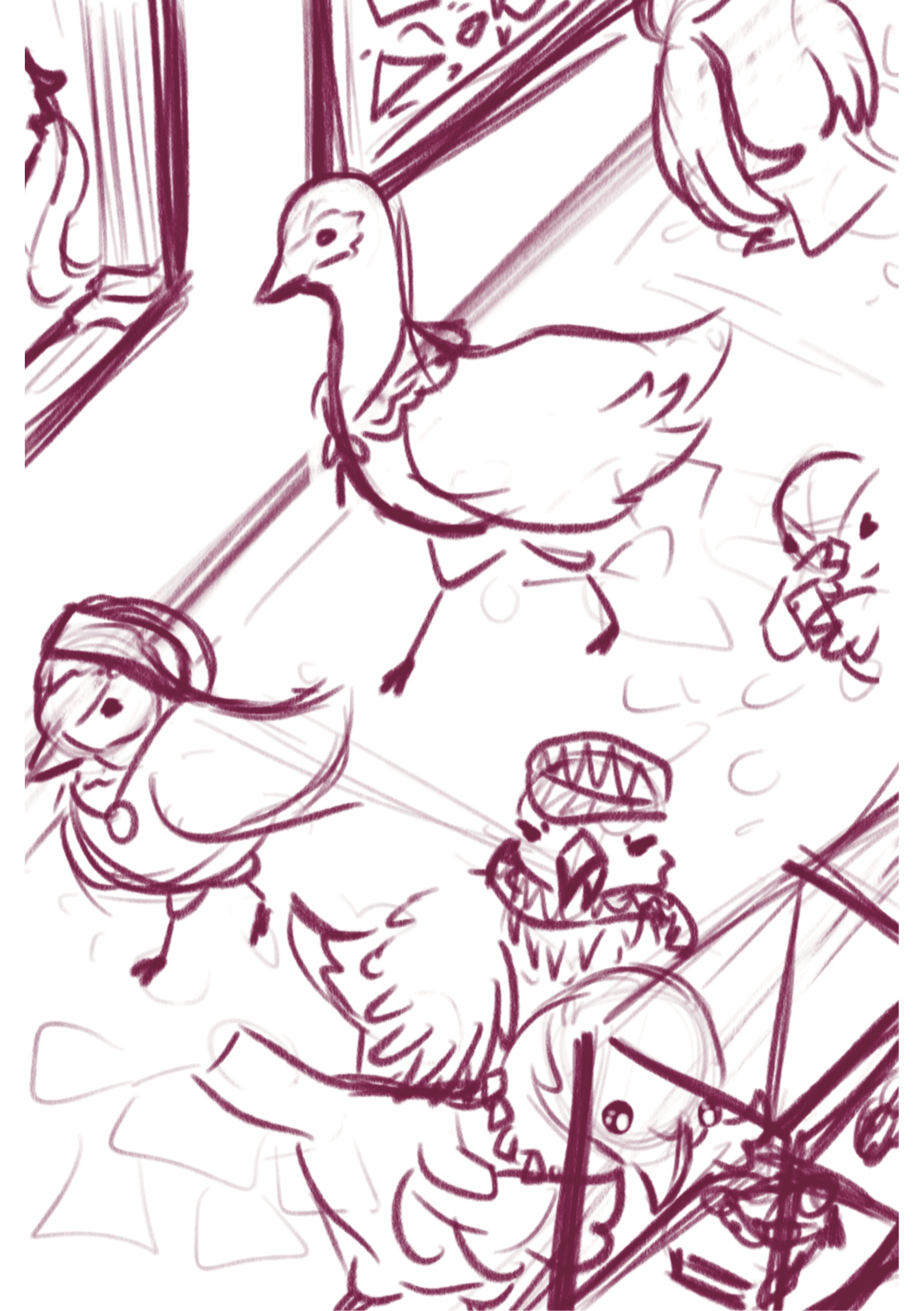 Left hand side sketch in magenta lines which ended up becoming part of Feathered Friends’ Museum Visit (2026)
