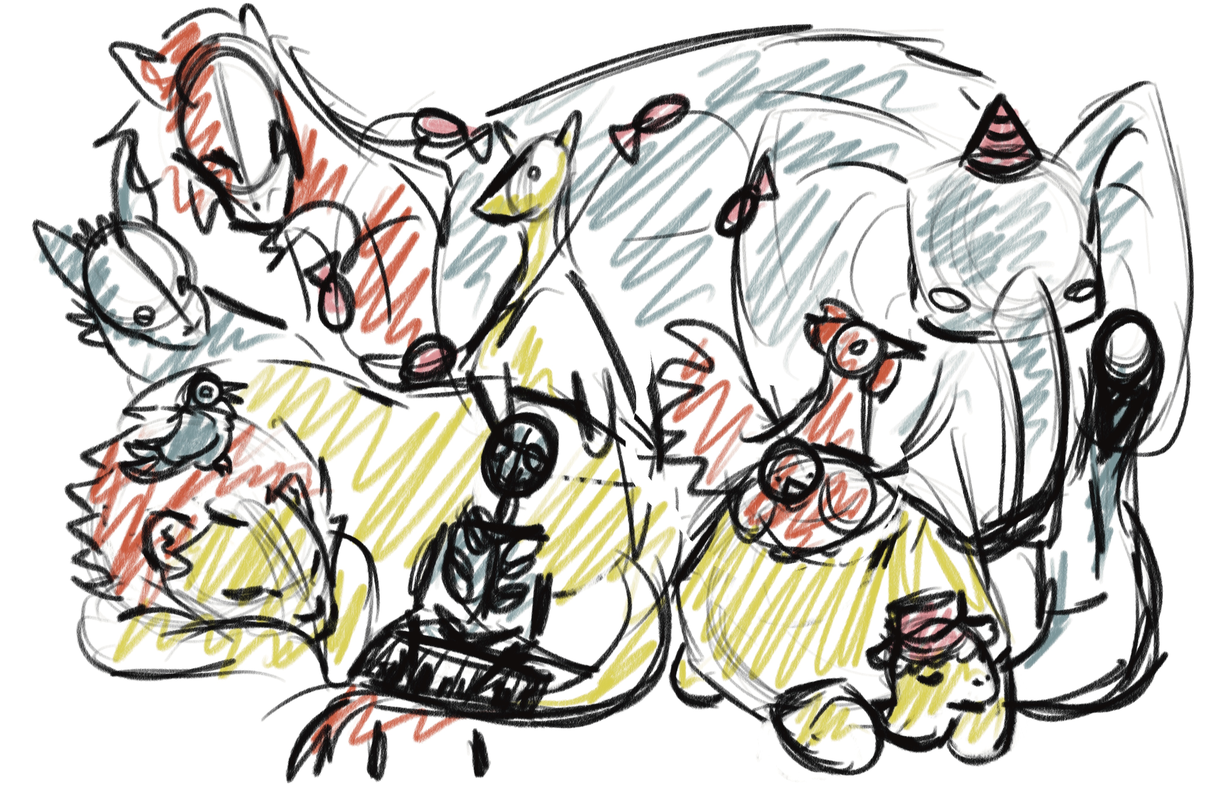 A messy sketch with scribbled in colors of a group of animals which ended up becoming A Carnival of Animals (2025)