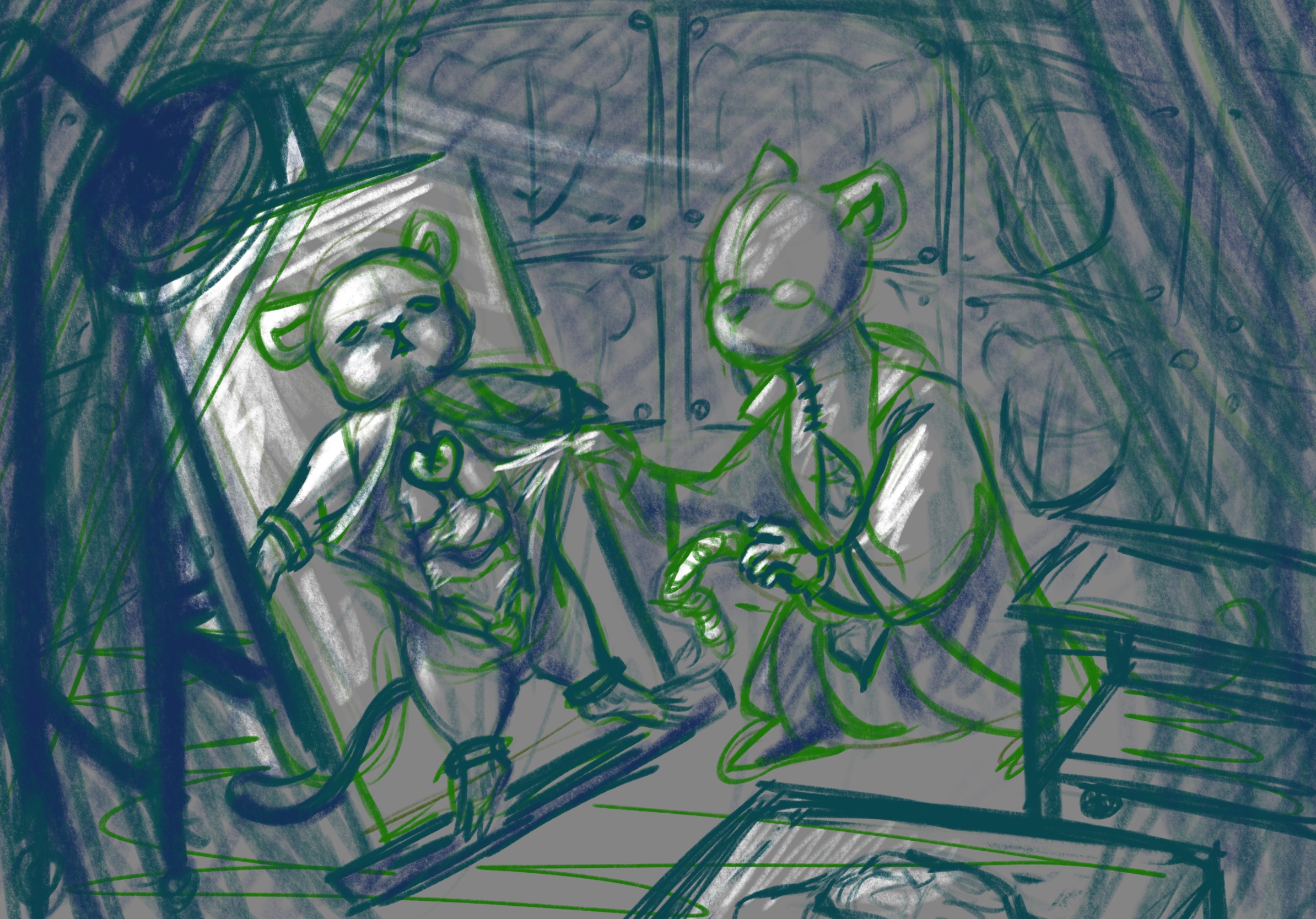 A sketch of two mice with one tied down to a board with an open chest cavity while the other dressed like a scientist holds out its large intestine from its own open chest which ended up becoming Connection (2025)