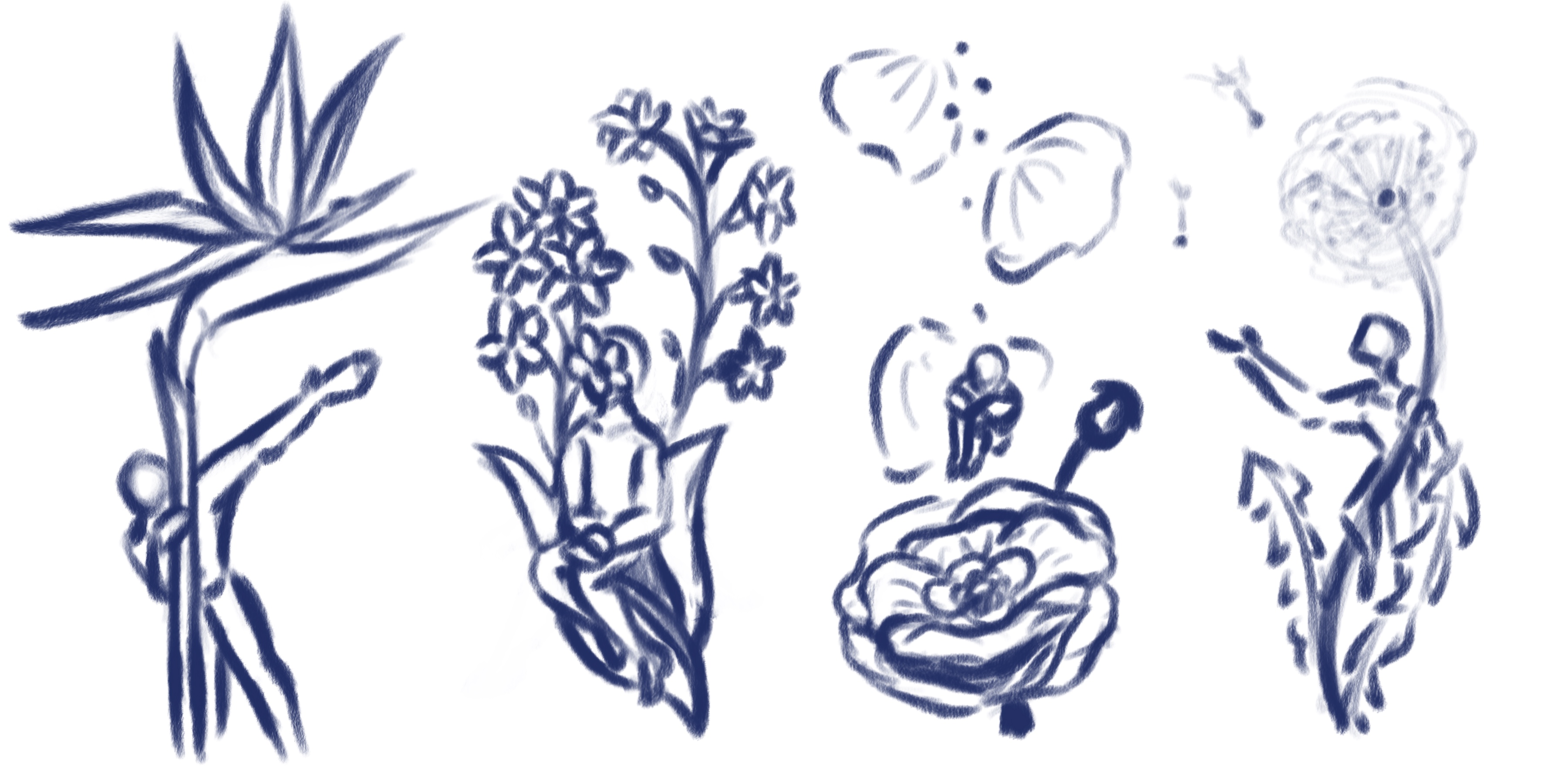A sketch in dark blue lines of four different human figures posed with different flowers, 3 of these ended up becoming Flora Feelings(2026)
