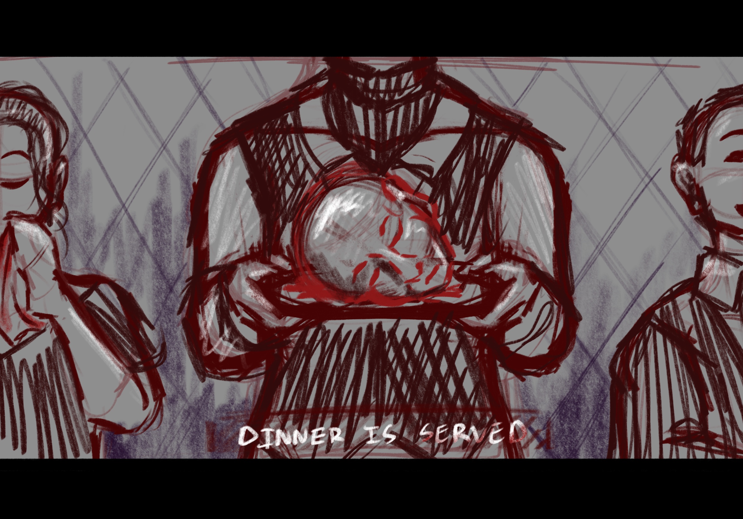 A cinematic style sketch in which a waiter holds forward a plate with a decapitated human head with subtitles underneth which reads dinner is served