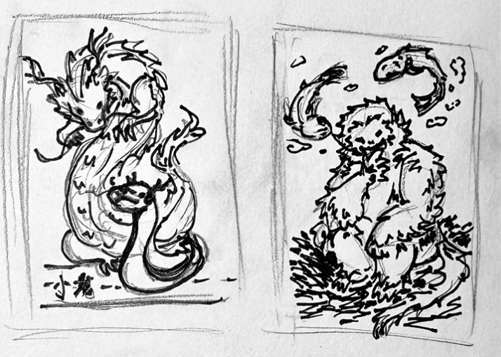 A pair of pen sketches on paper which on the left shows a dragon and snake together which ended up becoming Little Dragon (2025) while the right side shows a monkey with a pair of floating fish overhead.