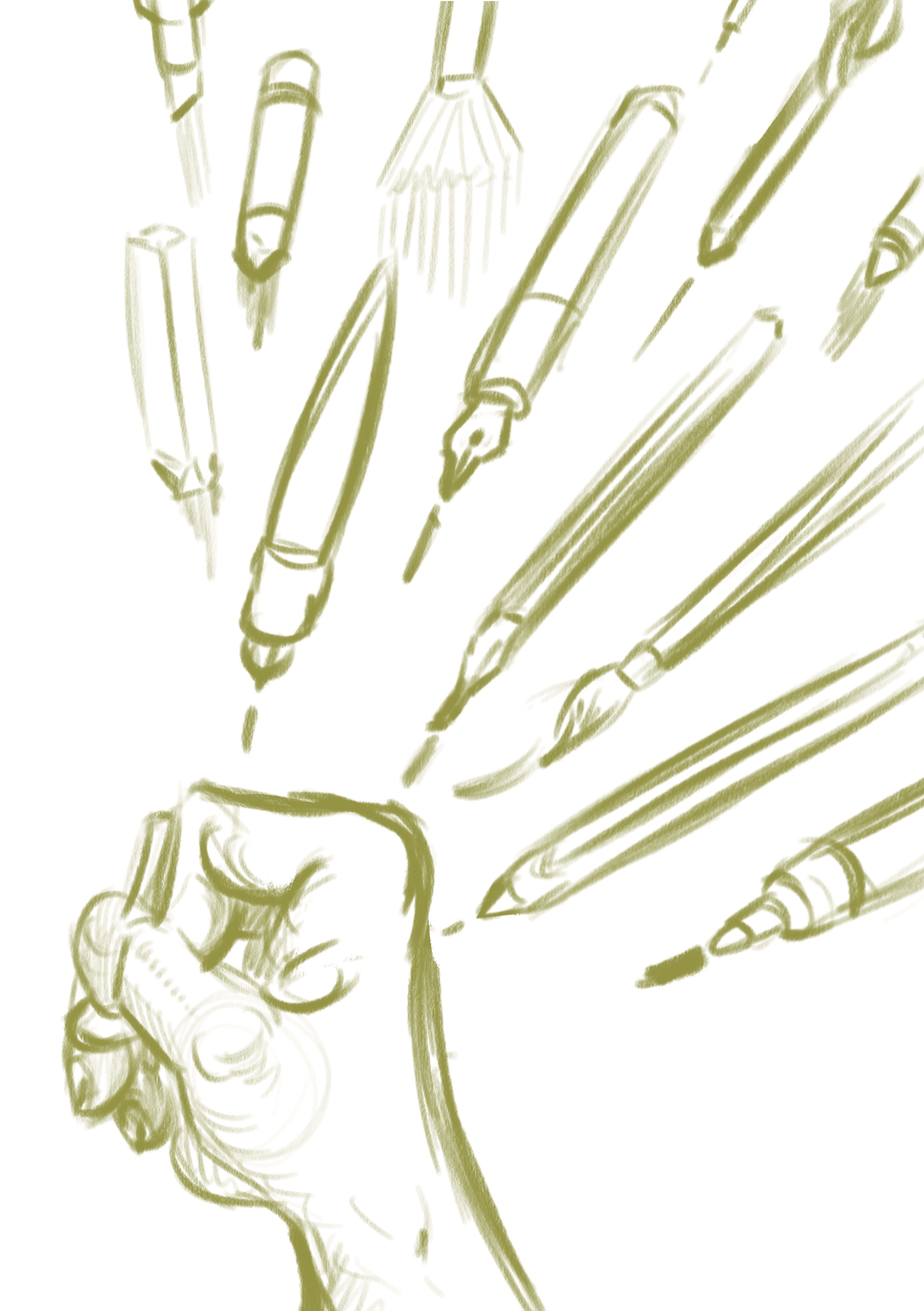 A sketch in light green lines of a hand posed as if gripping a pencil while various drawing utensils float above the hand.