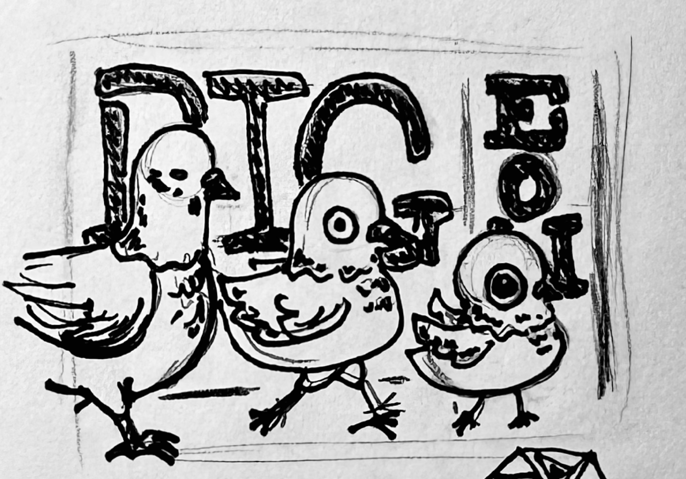 A small paper doodle with pen of three differently styled pigeons walking from left to right which ended up becoming Pig-Eon(2025)